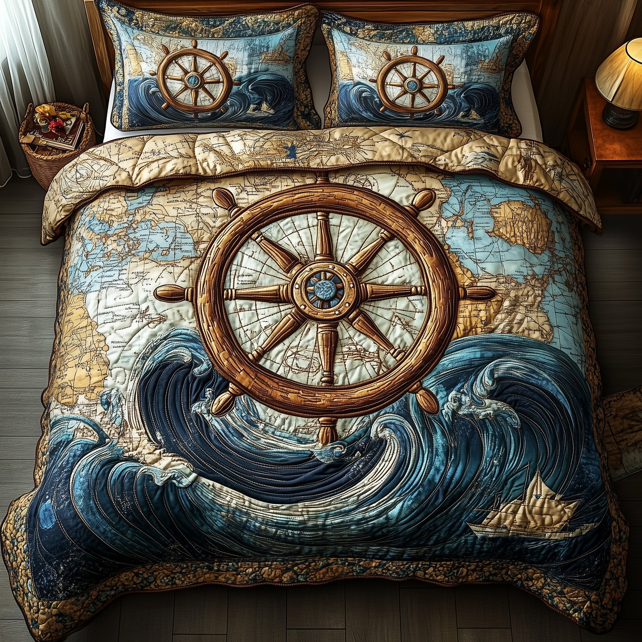 Nautical Ship Wheel Quilted Bedding Set Comforter And Sheet Sets Gifts For An Ocean Lover