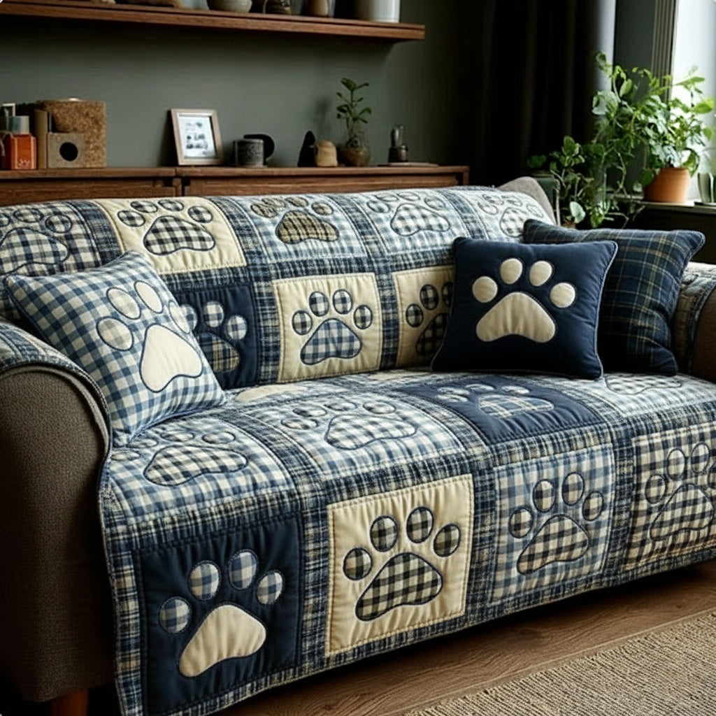 Navy Gingham Love Paw Quilted Sofa Cover Indoor Decoration Best Gifts For Dog Lovers