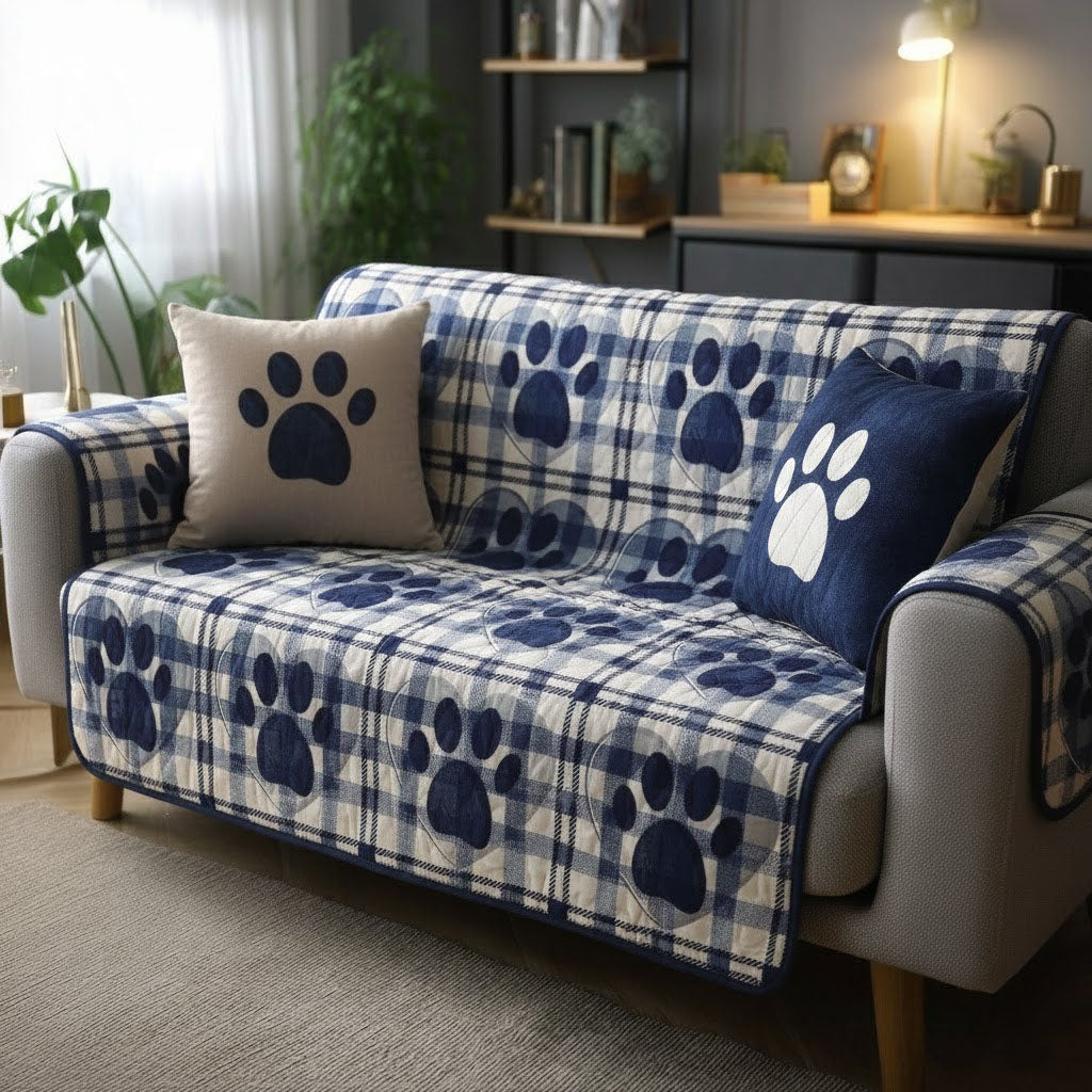 Navy Paw Plaid Quilted Sofa Cover Best Slip Cover Sofa Valentine Gift Ideas For Her