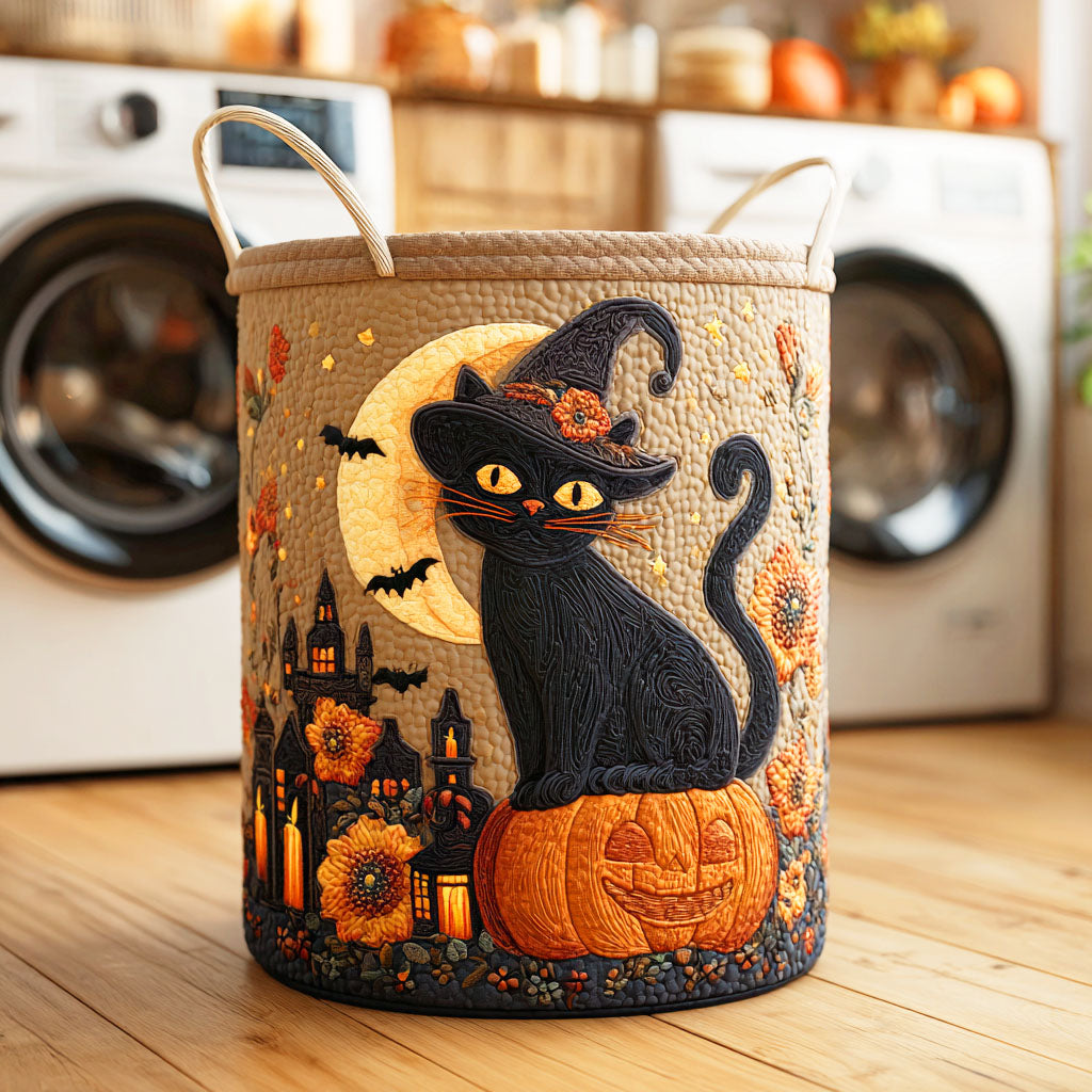 Night Cat Quilted Laundry Basket Home Decor Styles Birthday Presents For Cat Lovers