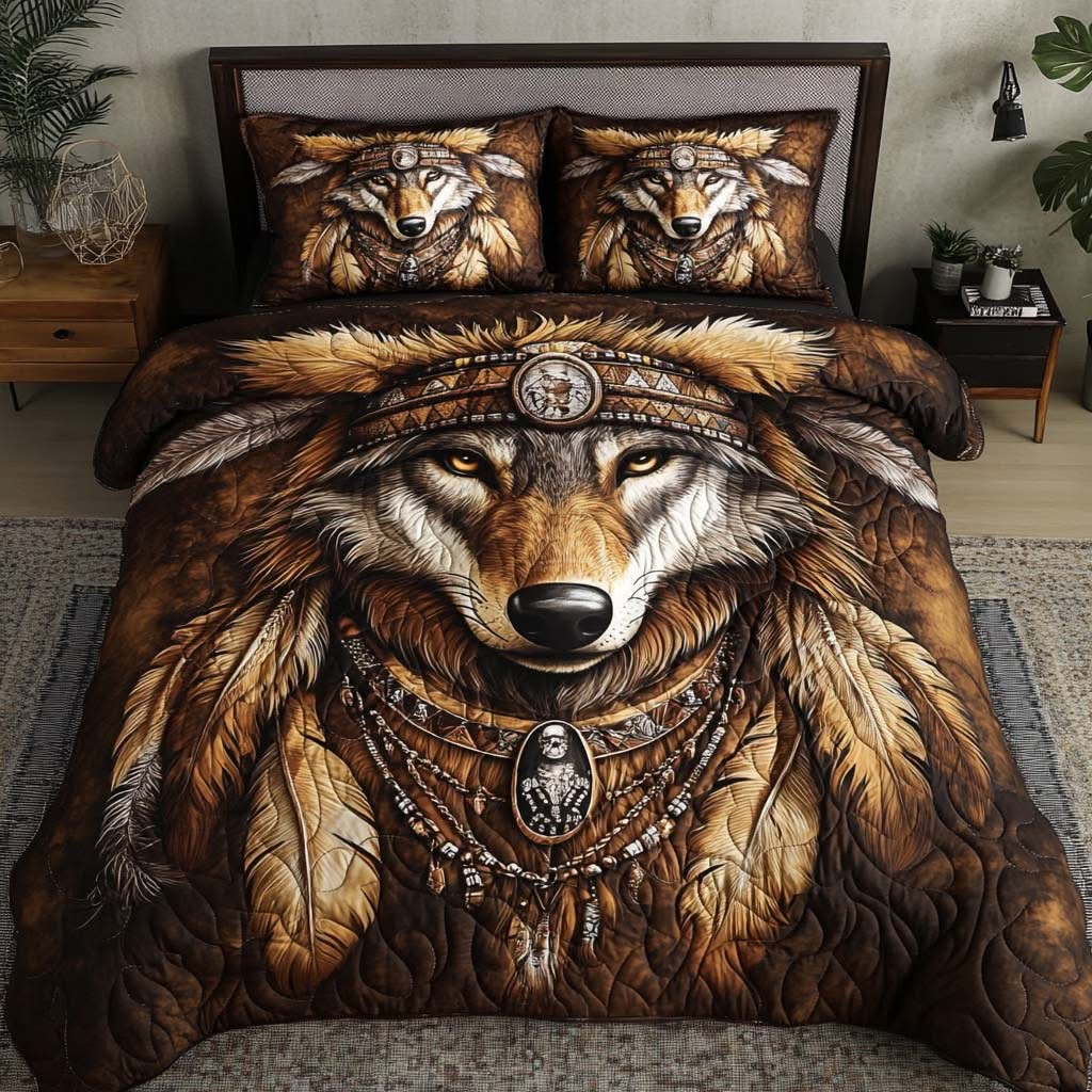Night Howl Quilted Bedding Set Wolf Dreamcatcher Bedspread Set Native American Themed Gifts