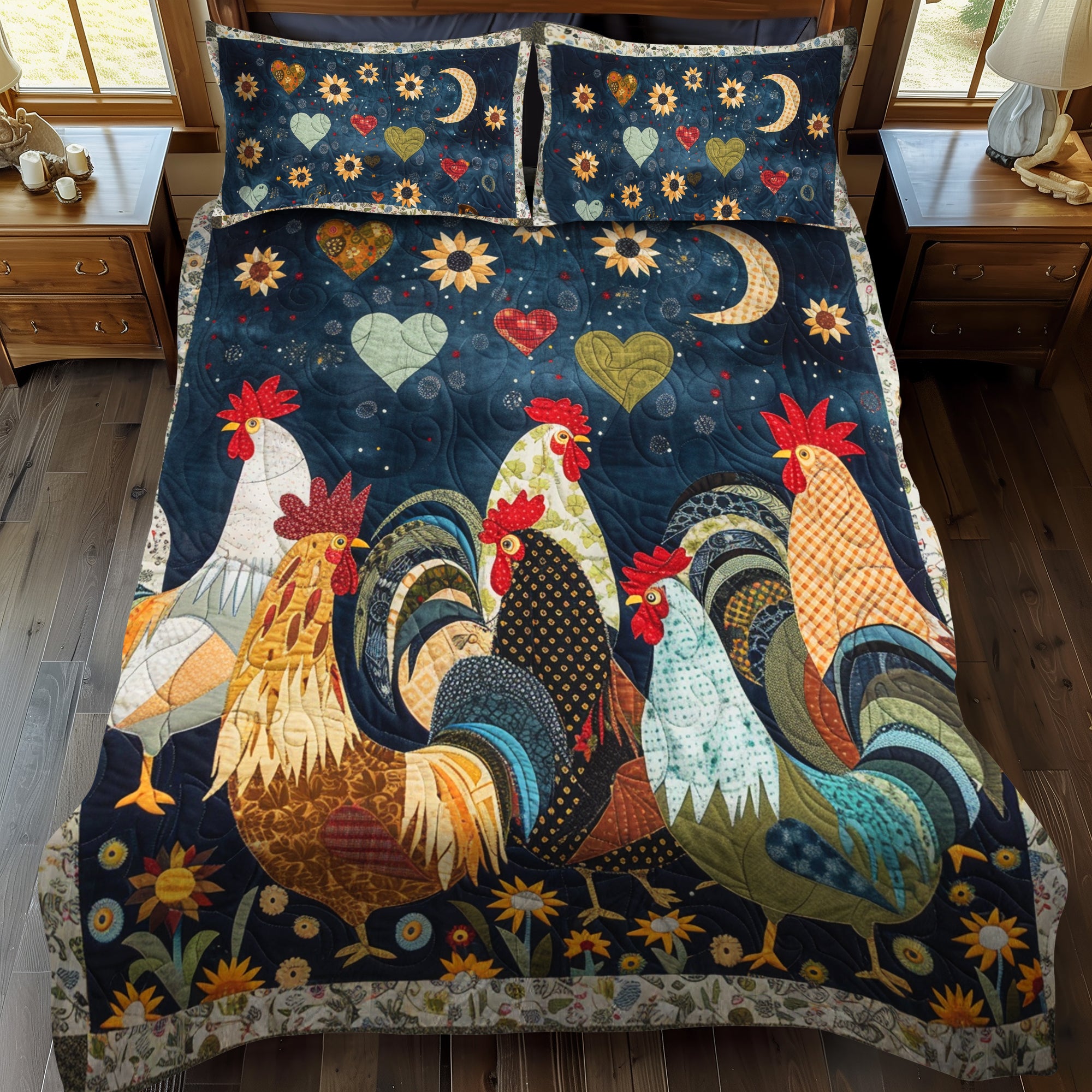 Night Roosters Quilted Bedding Set Bedroom Decor Gifts For People Who Own Chickens