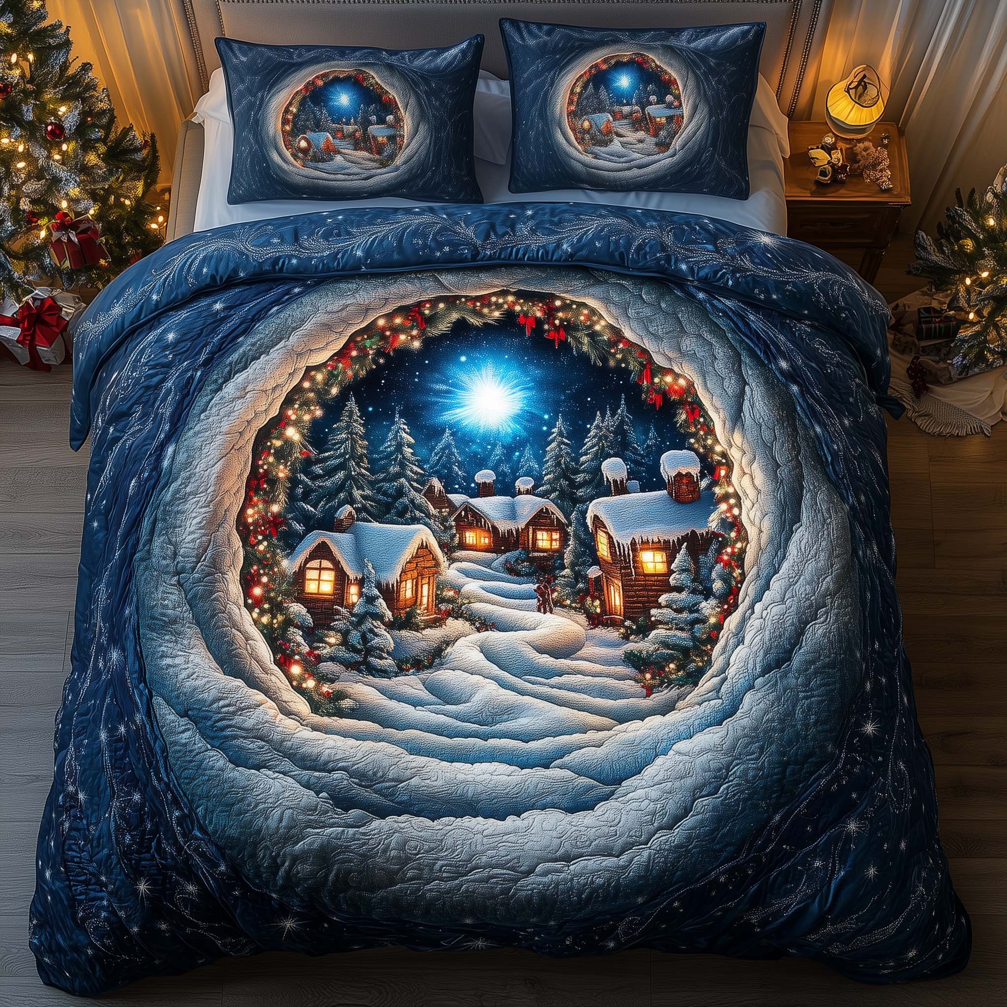 Night Village Quilted Bedding Set Christmas Sheets Queen Best Christmas Gifts For Men