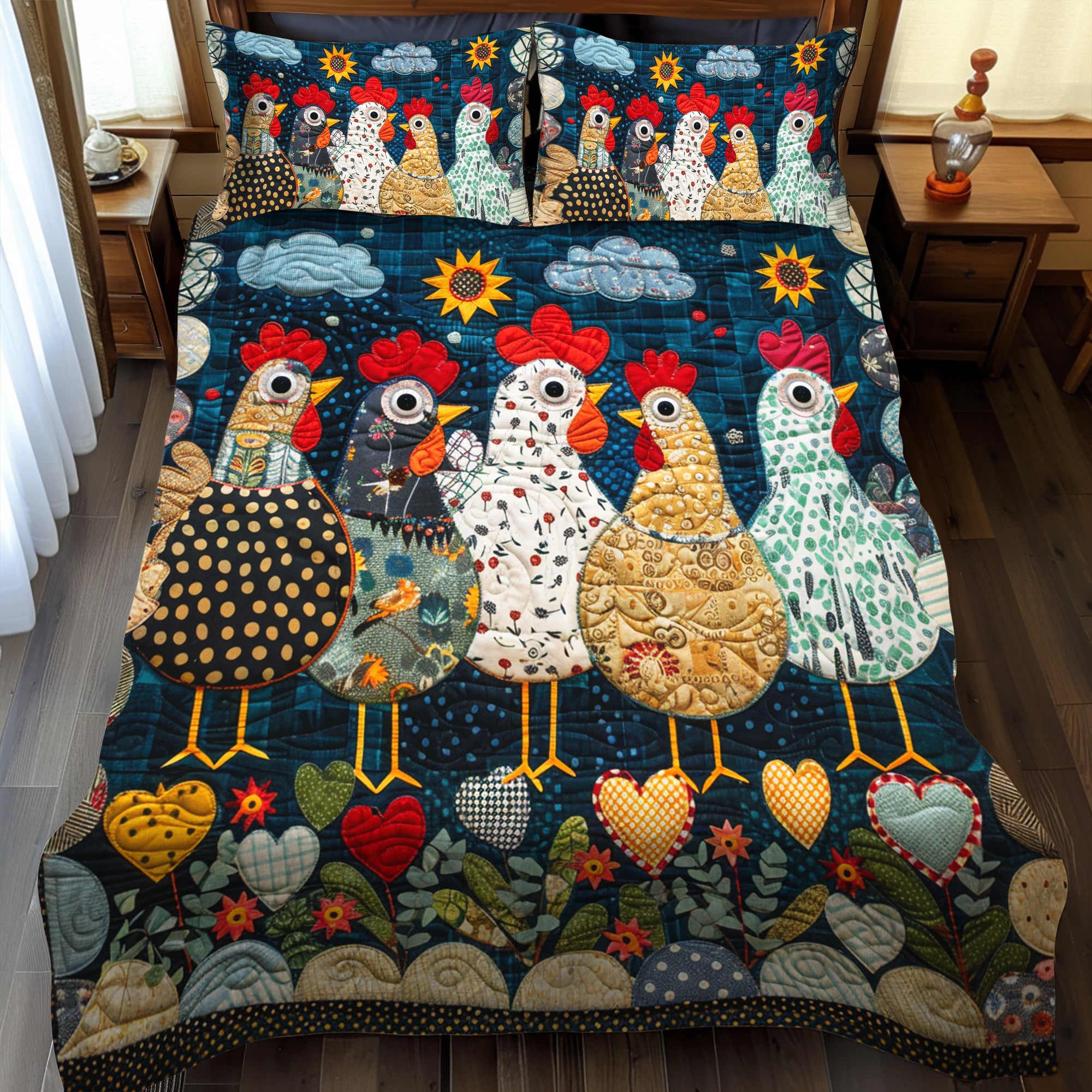 Nighttime Hens Quilted Bedding Set Cute Bed Sets For Teens Presents For Chicken Lovers