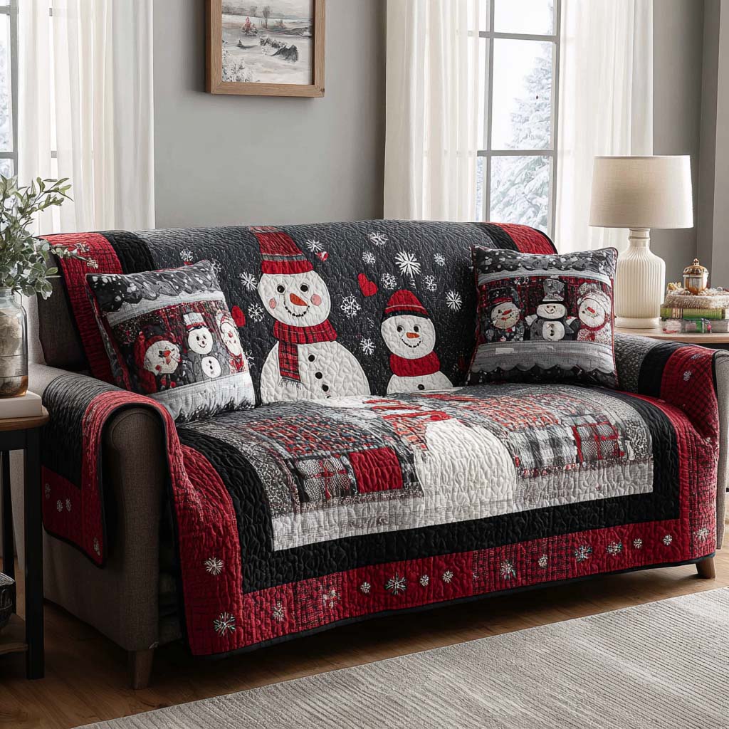 Nordic Plaid Snowmen Quilted Sofa Cover Christmas Couch Cover Family Xmas Presents