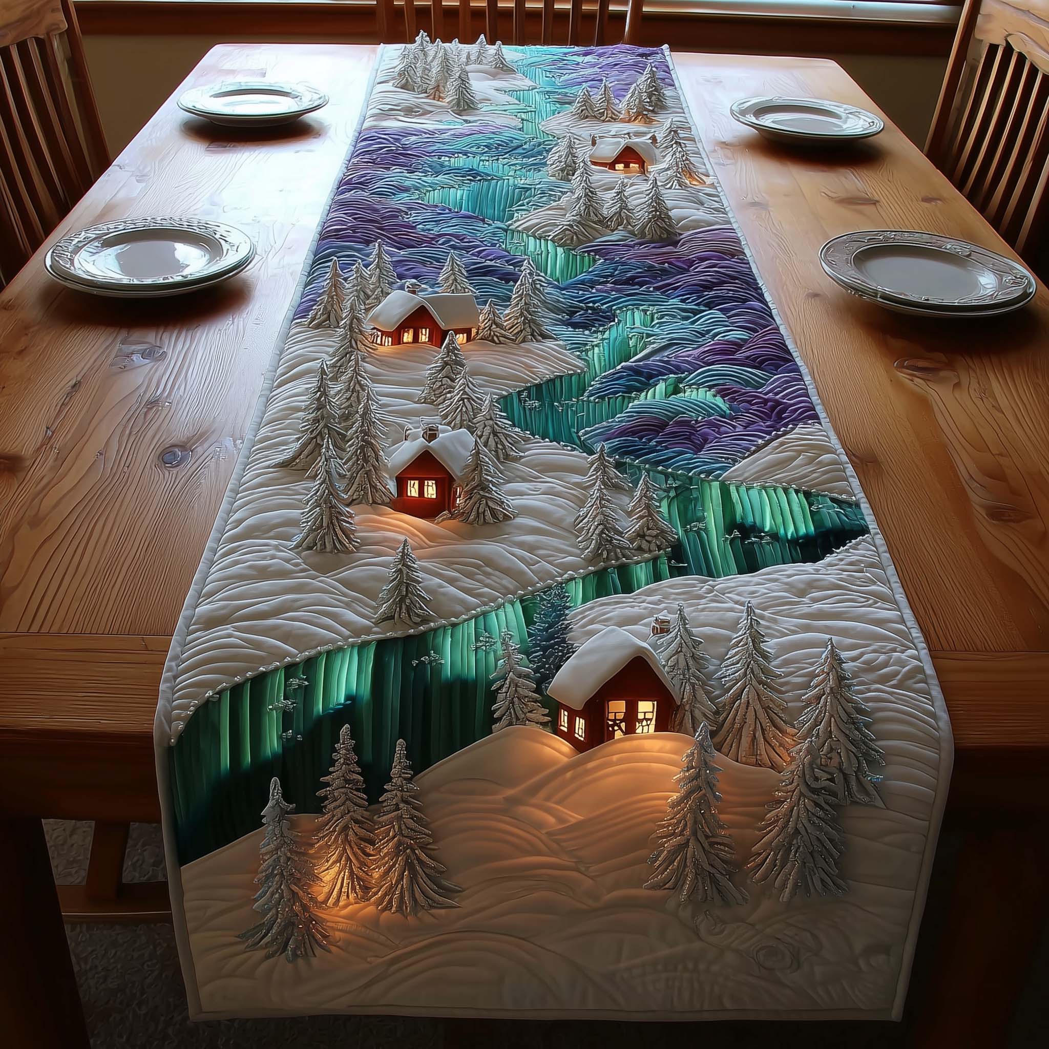 Northern Calm Quilted Table Runner Dining Room Table Decor Gift For Mother On Mother's Day