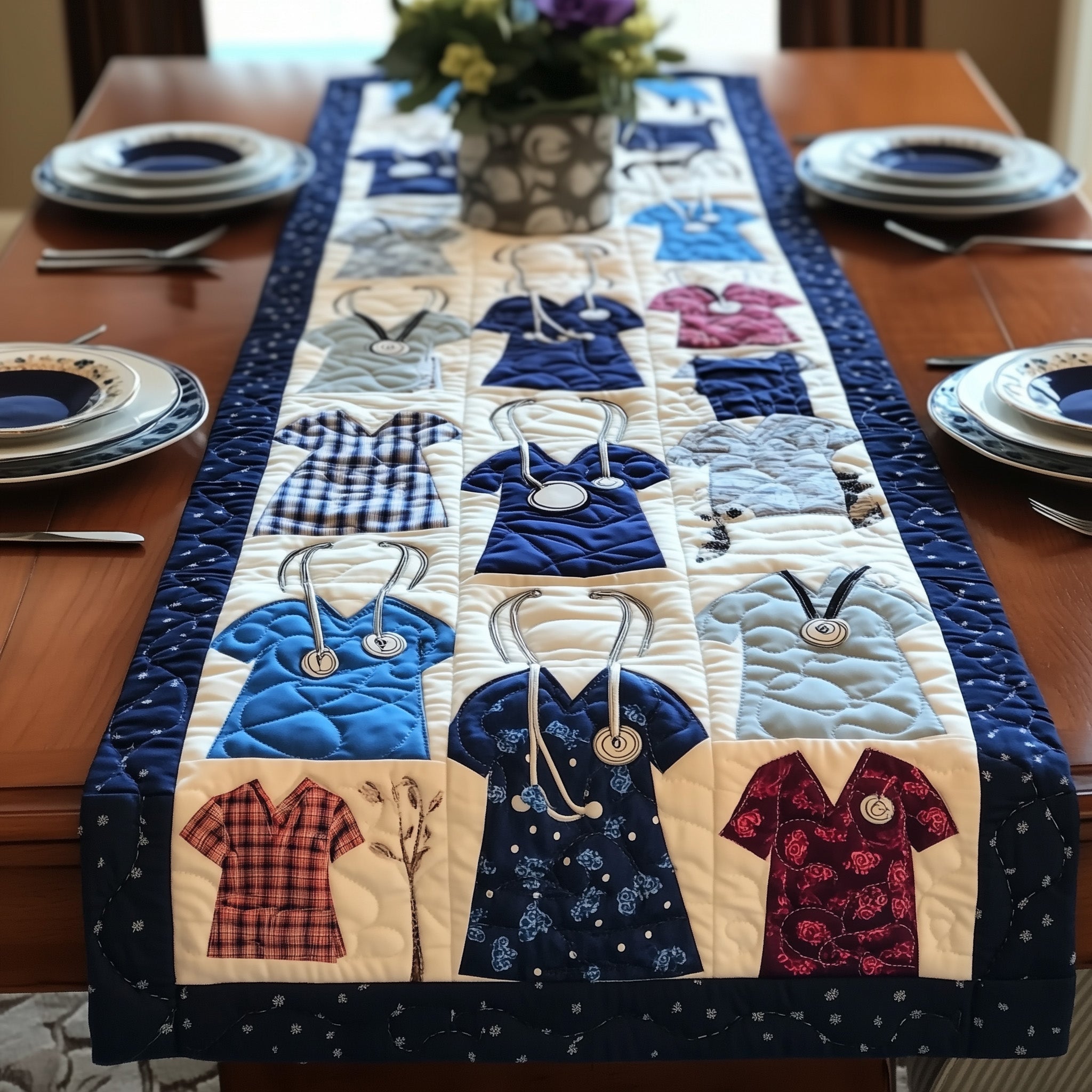 Nurse's Scrub Quilted Table Runner Dinner Table Decor Ideas Last Minute Mothers Day Gifts