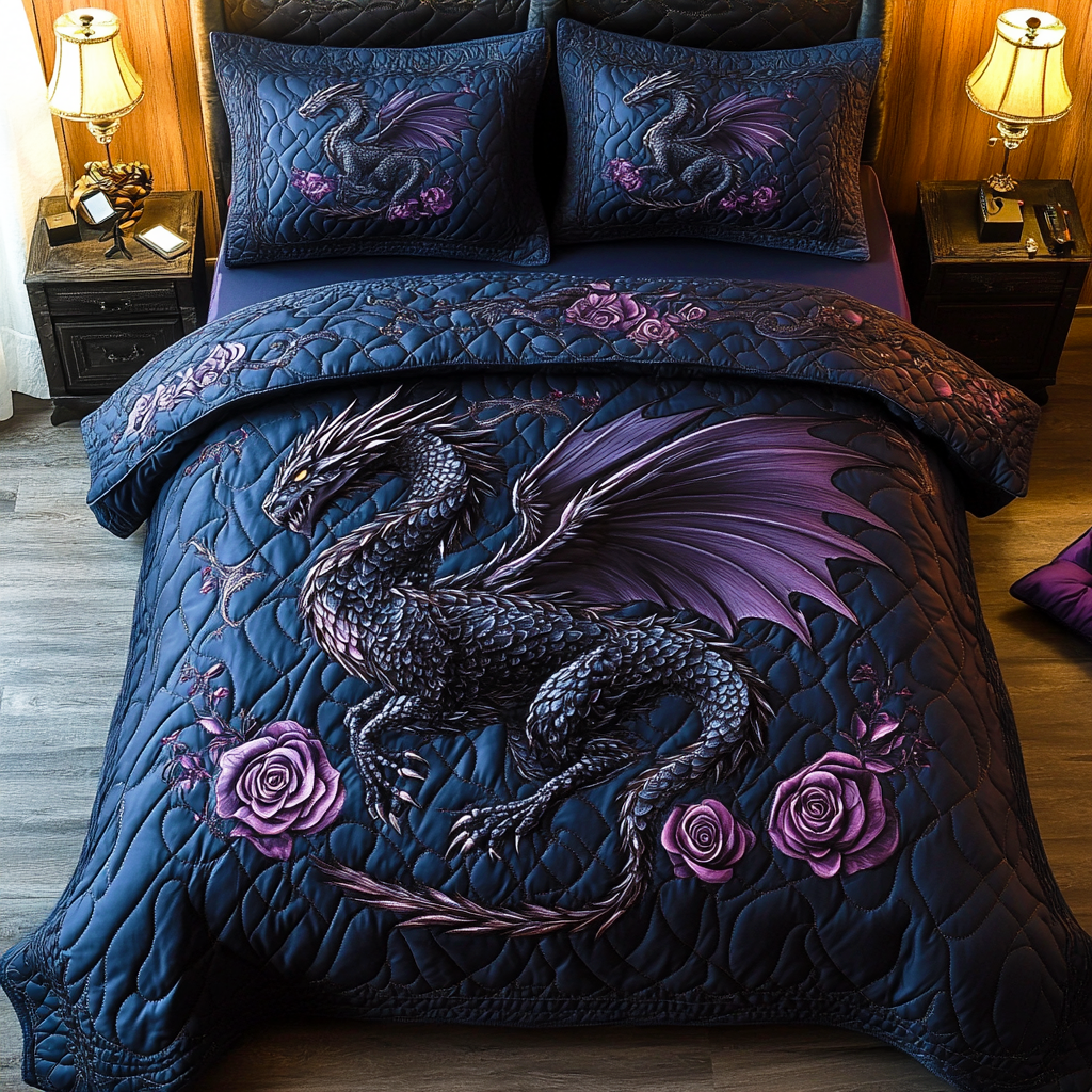 Obsidian Wyrm Quilted Bedding Set Cute Queen Bed Sheets Dragon Gift Ideas