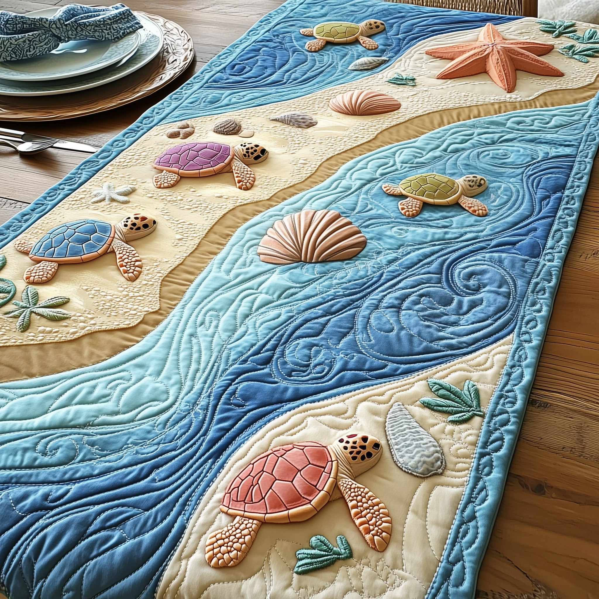 Ocean Breeze Quilted Table Runner Kitchen Table Decor Cute Turtle Lover Gift Ideas