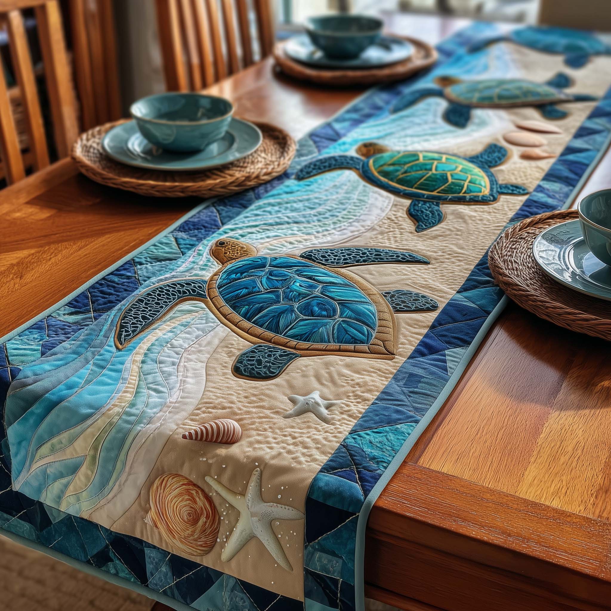 Ocean Drifter Quilted Table Runner Coastal Table Runner Turtle Lover Christmas Present Ideas For Mom