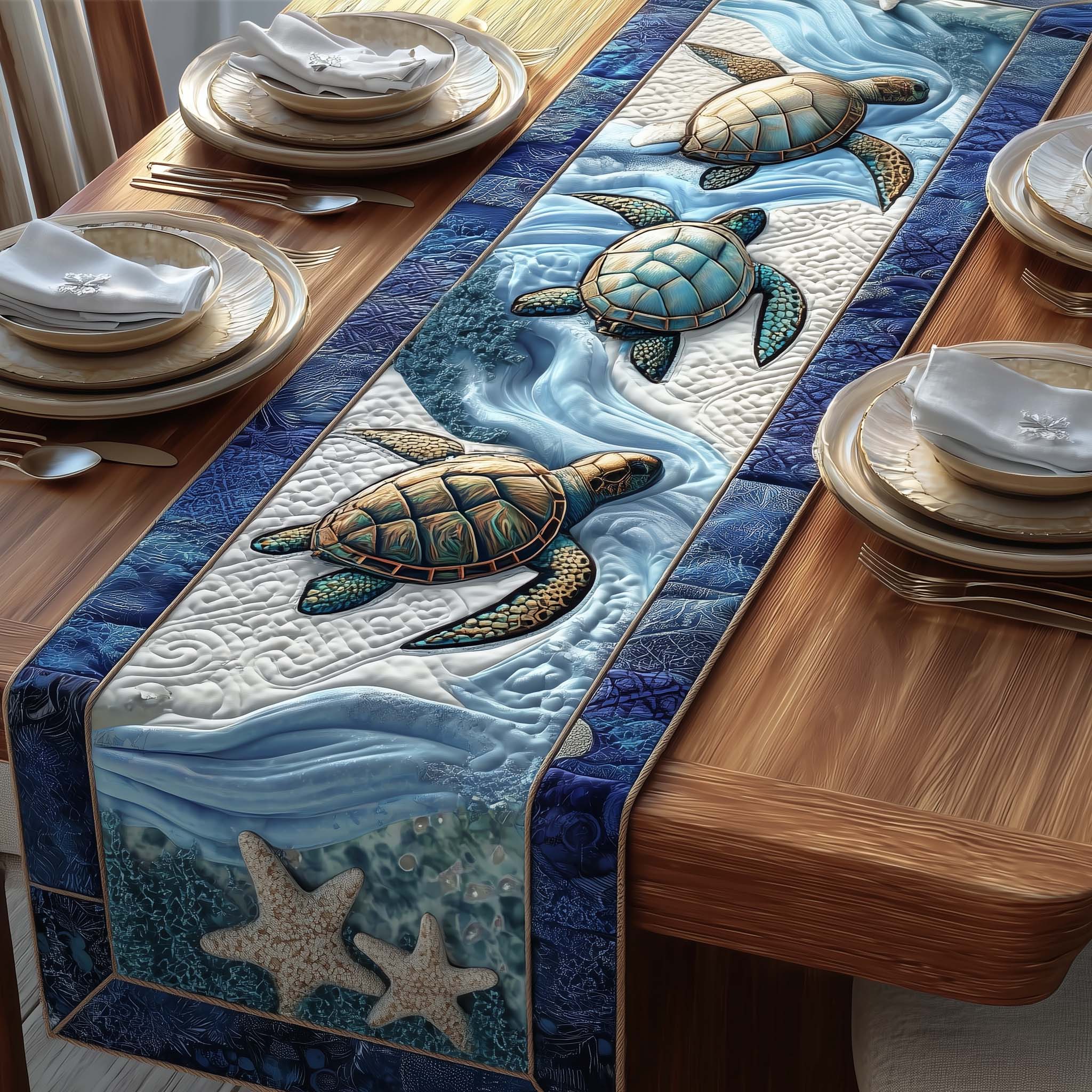 Ocean Drifter Quilted Table Runner Nautical Table Topper Turtle Gifts For Adults