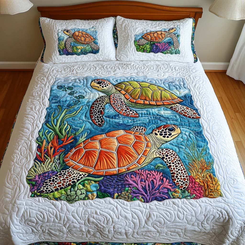 Ocean Mosaic Quilted Bedding Set Best King Bed Sheets Unique Gifts For Turtle Lovers