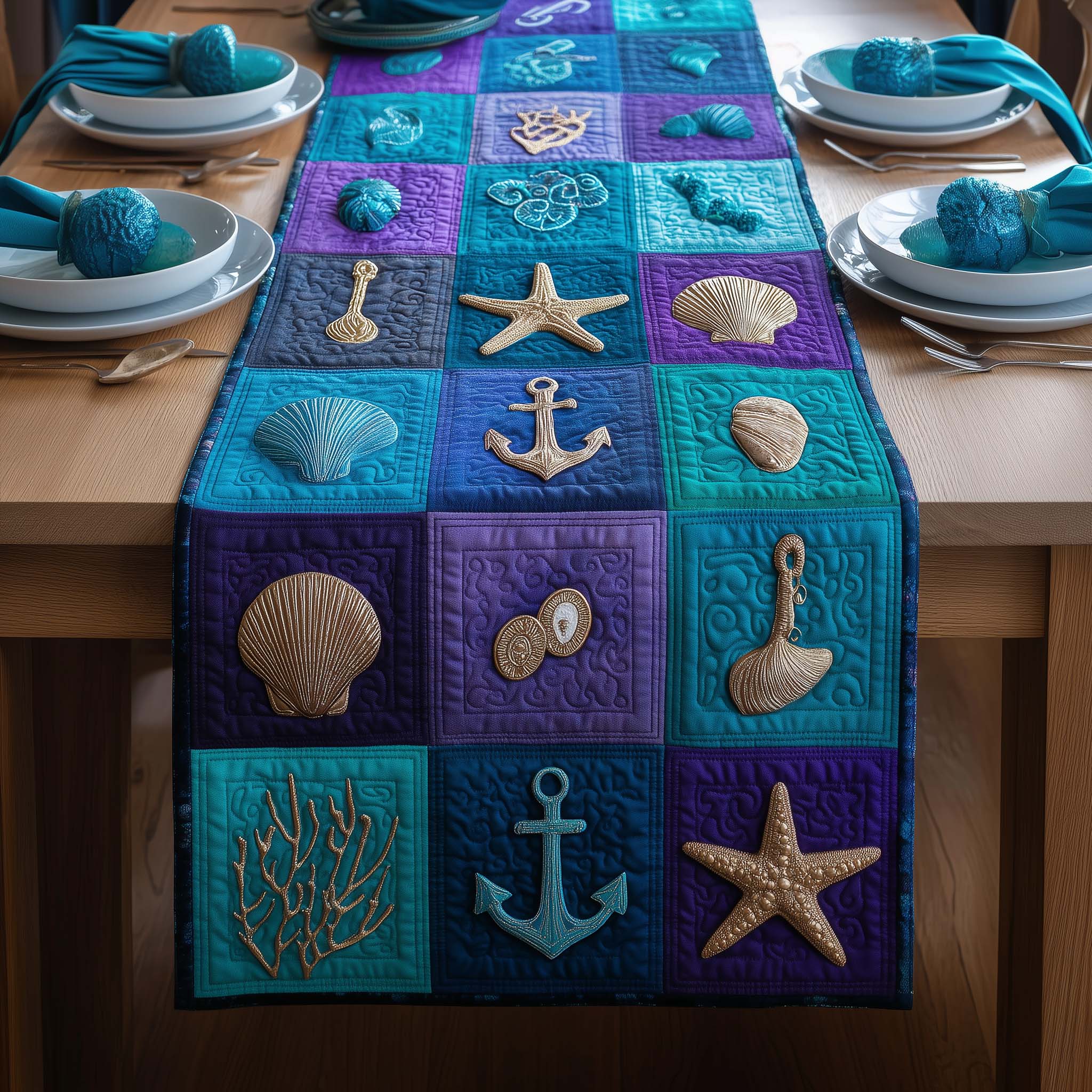 Ocean Mosaic Quilted Table Runner Boho Macrame Table Runner Retirement Gift Ideas For Men