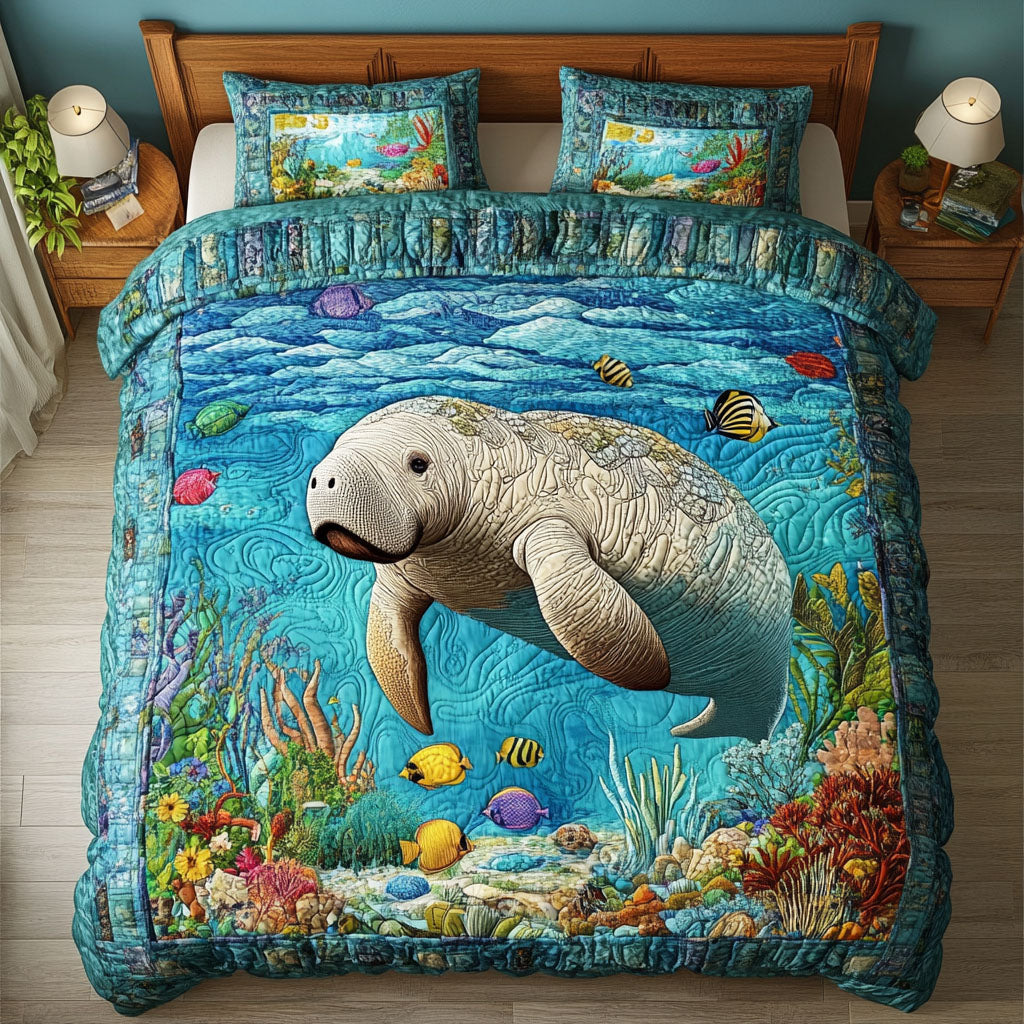 Ocean Serenity Manatee Quilted Bedding Set Cute Bed Sheets Ocean Themed Gift Ideas
