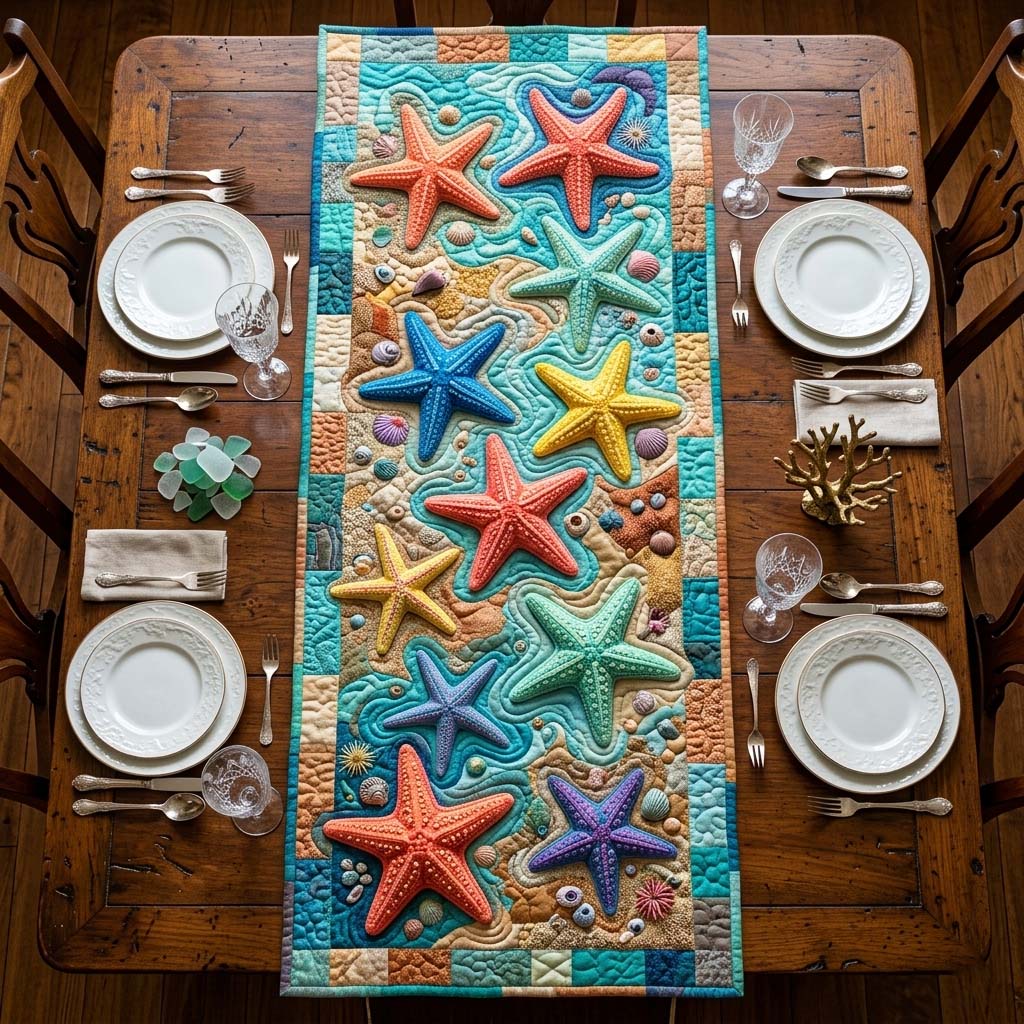 Ocean Starfish Quilted Table Runner Dining Room Runner Fathers Day Gift From Daughter