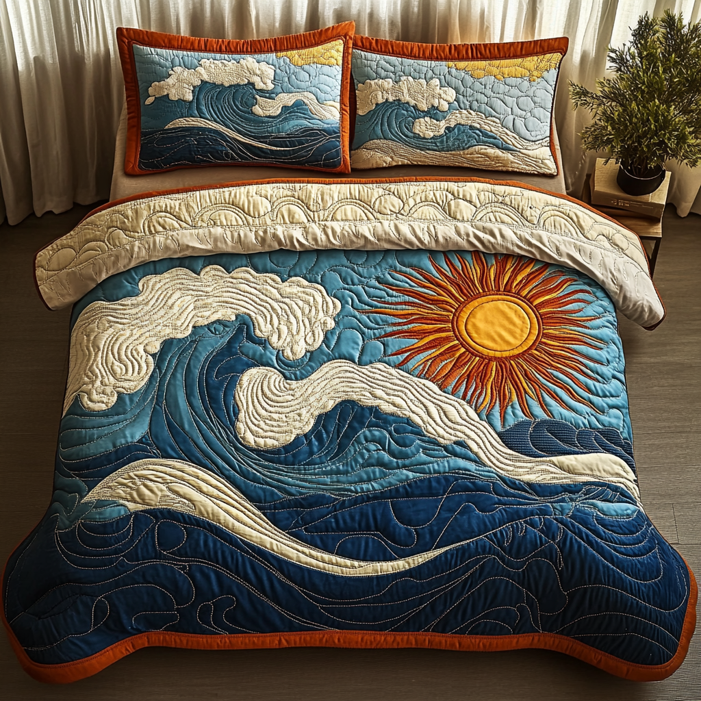 Ocean Sunrise Quilted Bedding Set Aesthetic Room Decor Father's Day Presents For Dad To Be