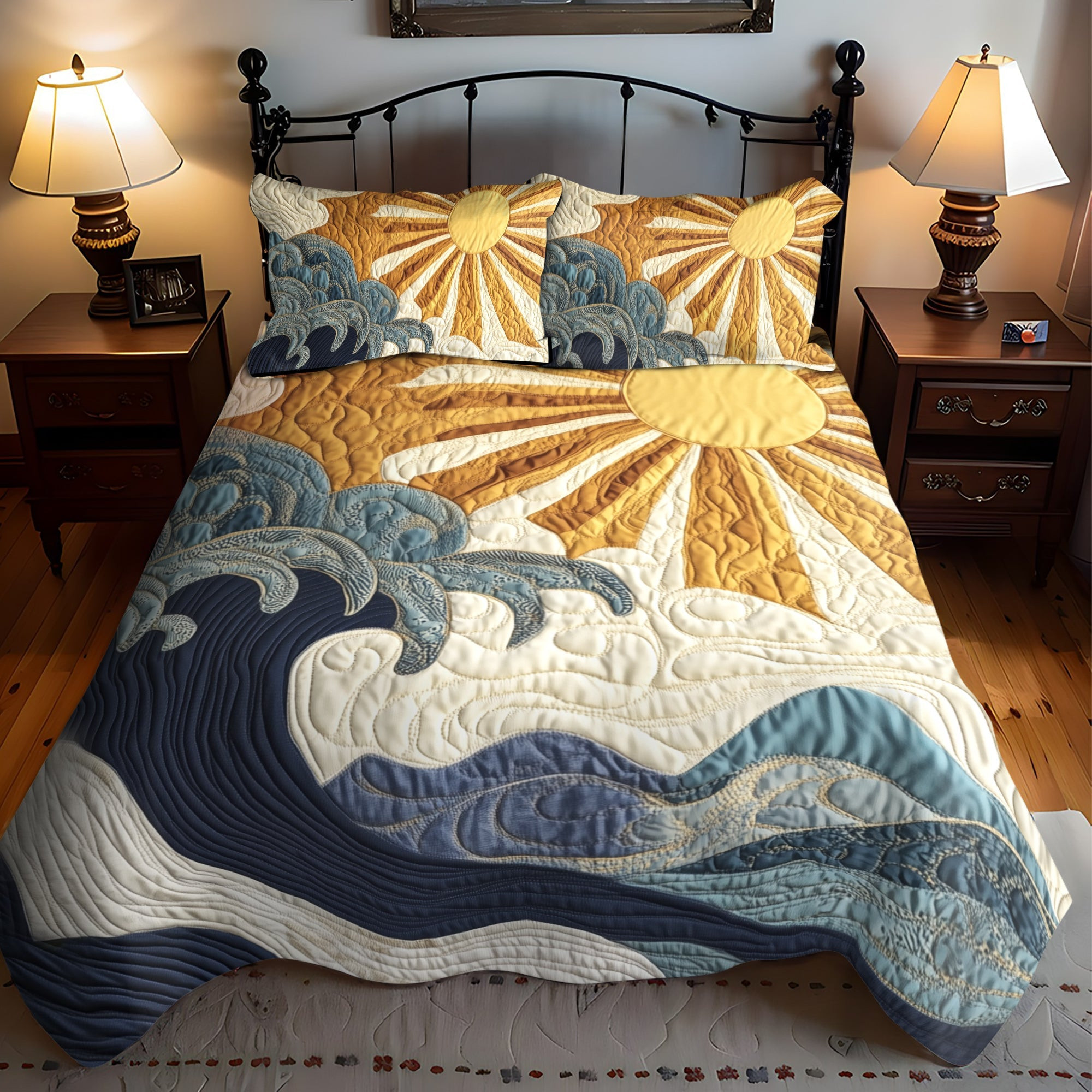 Ocean Sunrise Quilted Bedding Set Best Bed Sheet Set Bonus Mom Gifts Mother's Day Ideas