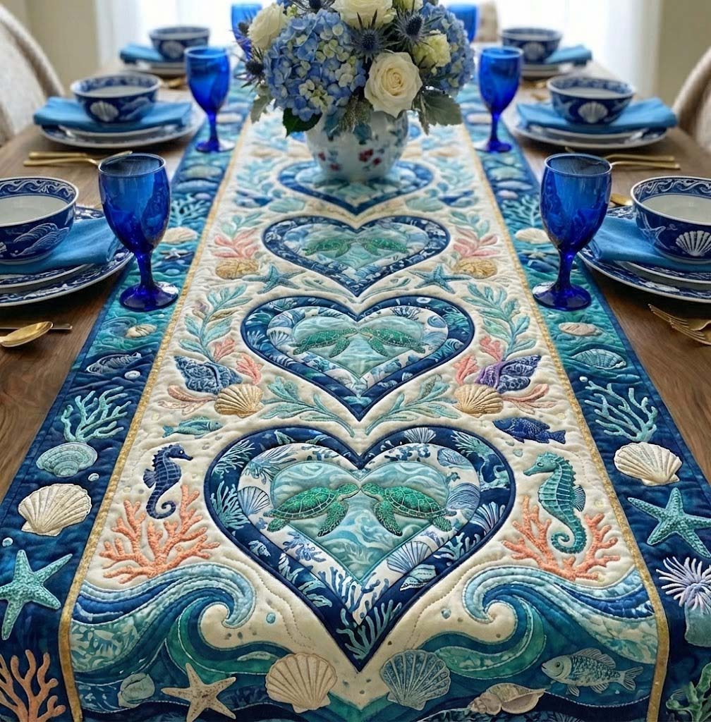 Ocean Treasures Quilted Table Runner Nautical Table Topper Gifts With Turtles On Them