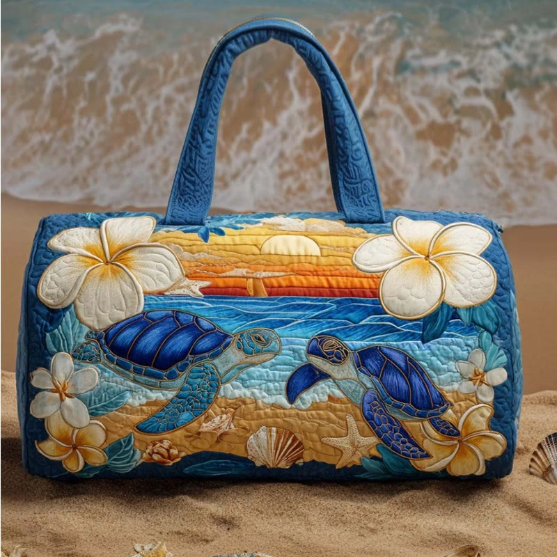 Ocean Turtle Beach Sunset Pattern Quilted Duffle Bag Compact Duffle Bag For Gym Gift For Dad