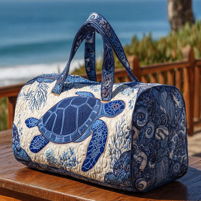 Ocean Turtle Blue And White Porcelain Pattern Quilted Duffle Bag Compact Bag For Gym Gift Ideas