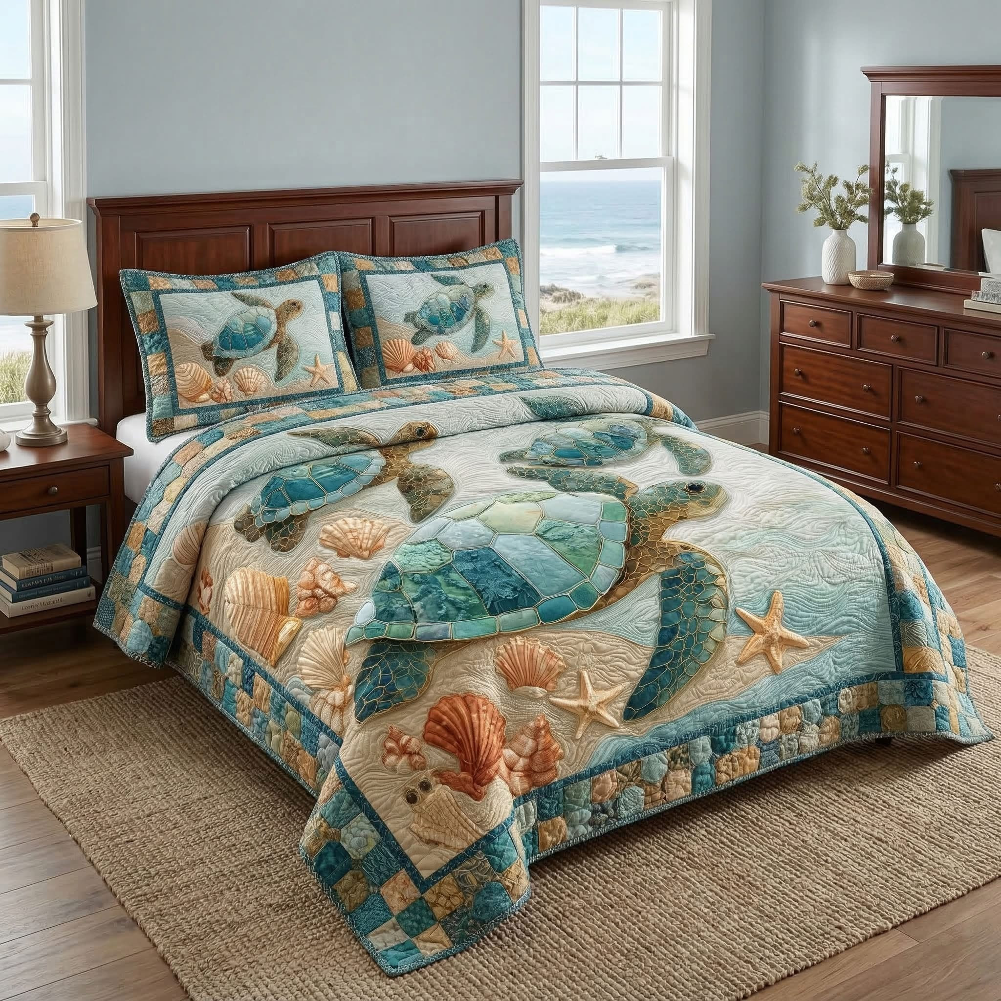 Ocean Turtle Journey Quilted Bedding Set Bedroom Decor Sea Turtle Themed Gifts For Mom