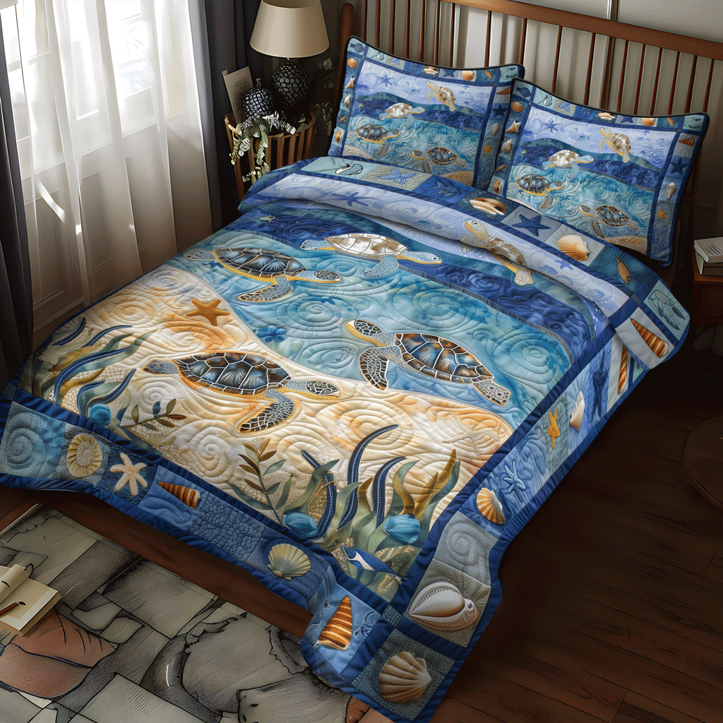 Ocean Turtle Quilted Bedding Set Bed Sheet Set Gifts For Sea Turtle Lovers