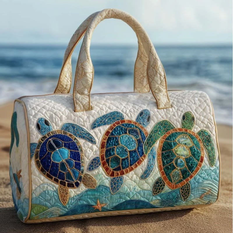 Ocean Turtle Waves Pattern Quilted Duffle Bag Rolling Bag For Travel Gift For Beach Lover
