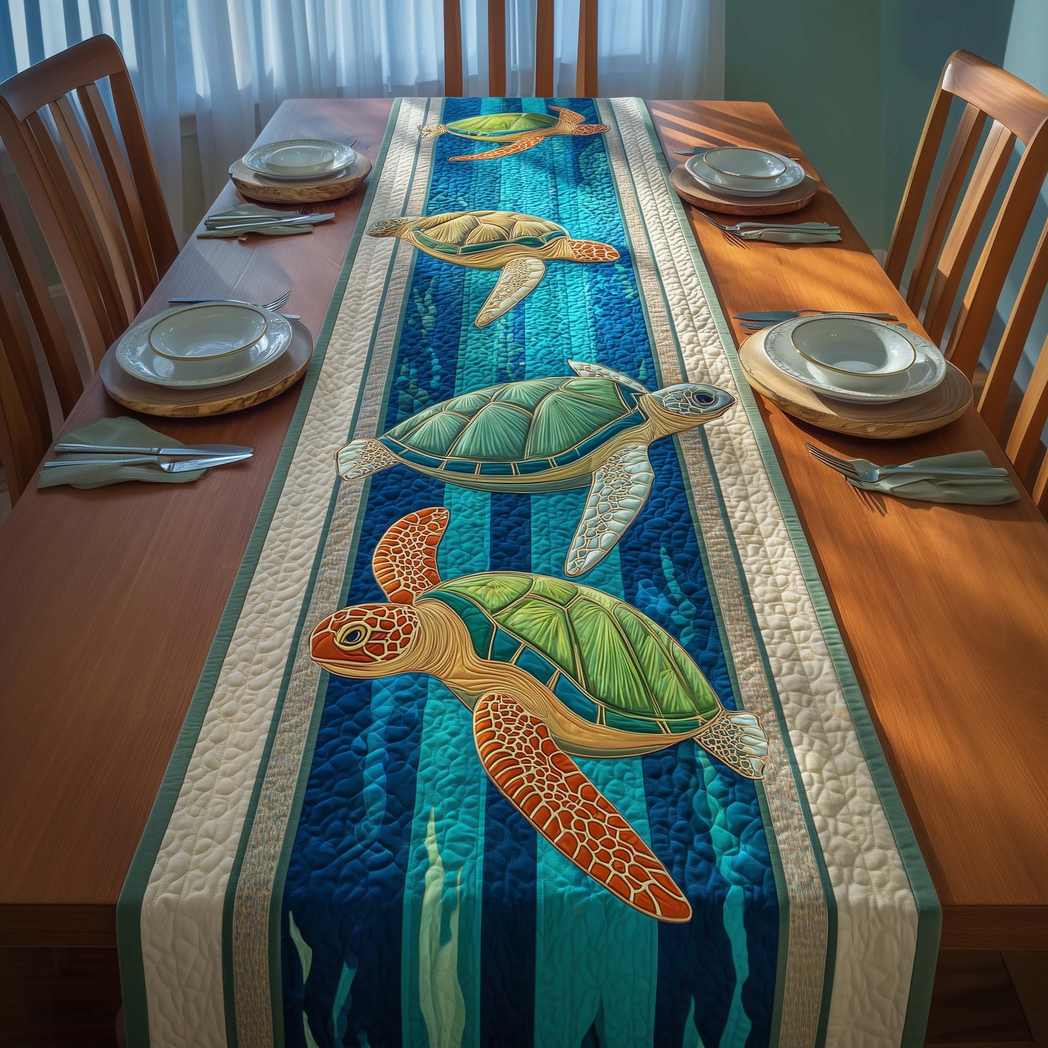 Ocean Turtles Quilted Table Runner Dining Table Centerpiece Ideas Turtle Themed Gifts For Adults