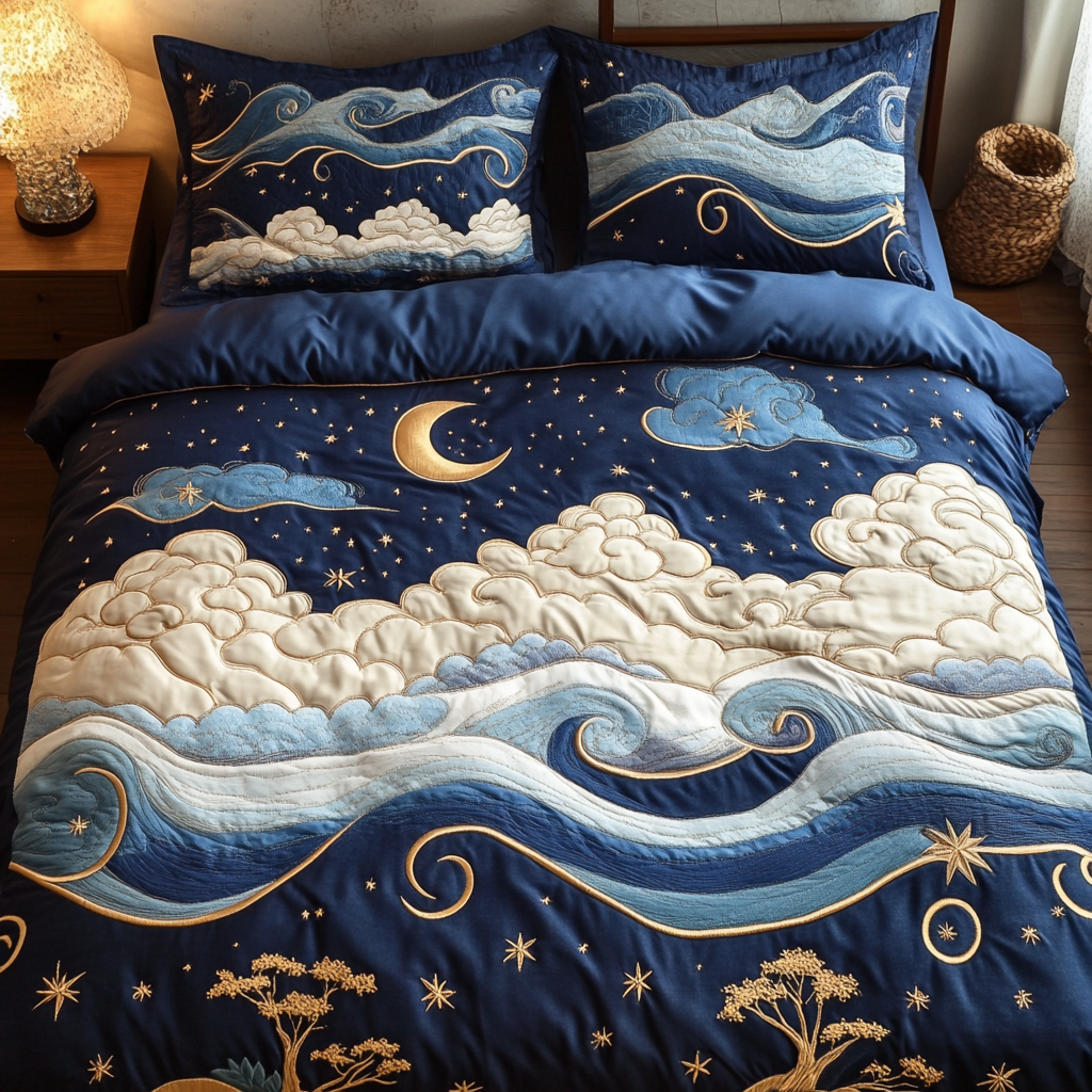 Ocean Waves Quilted Bedding Set Bed Decorations Good Gifts For Beach Lovers