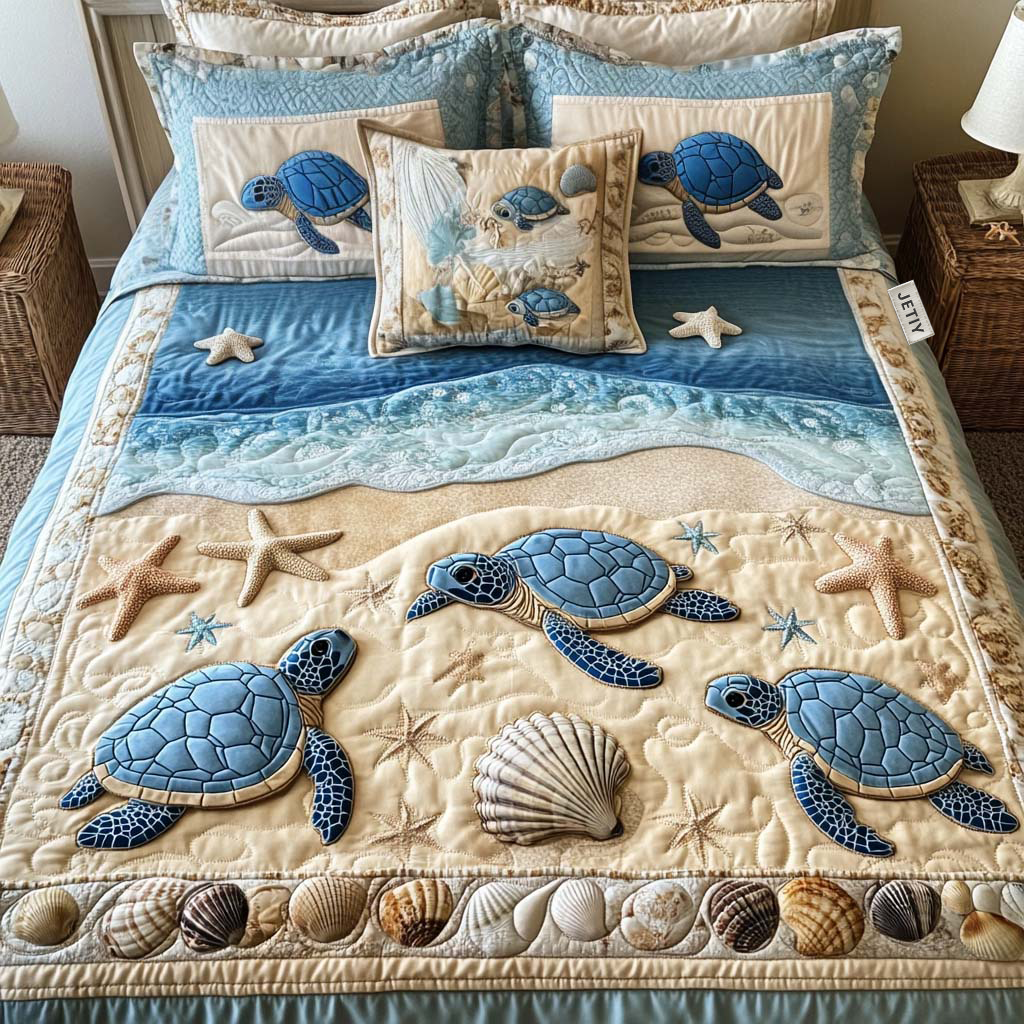 Ocean Waves Quilted Bedding Set Best Bed Sheet Set Turtle Gift Ideas