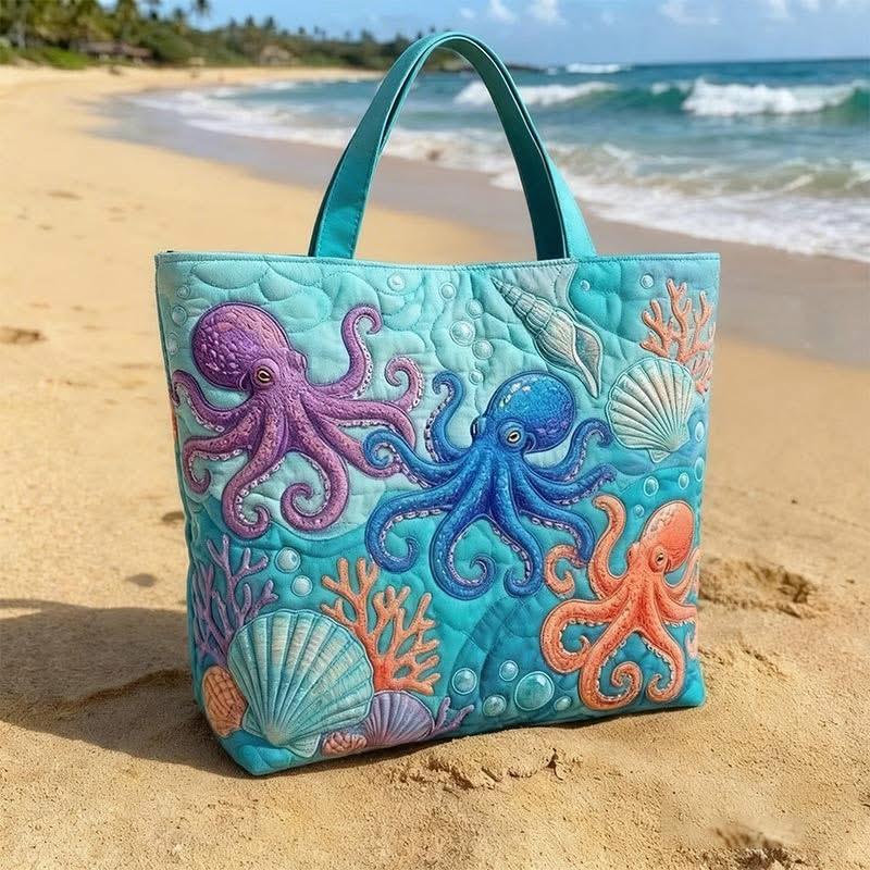 Ocean World Octopus Quilted Tote Bag Best Travel Bag For Market Good Gift For Turtle Lover
