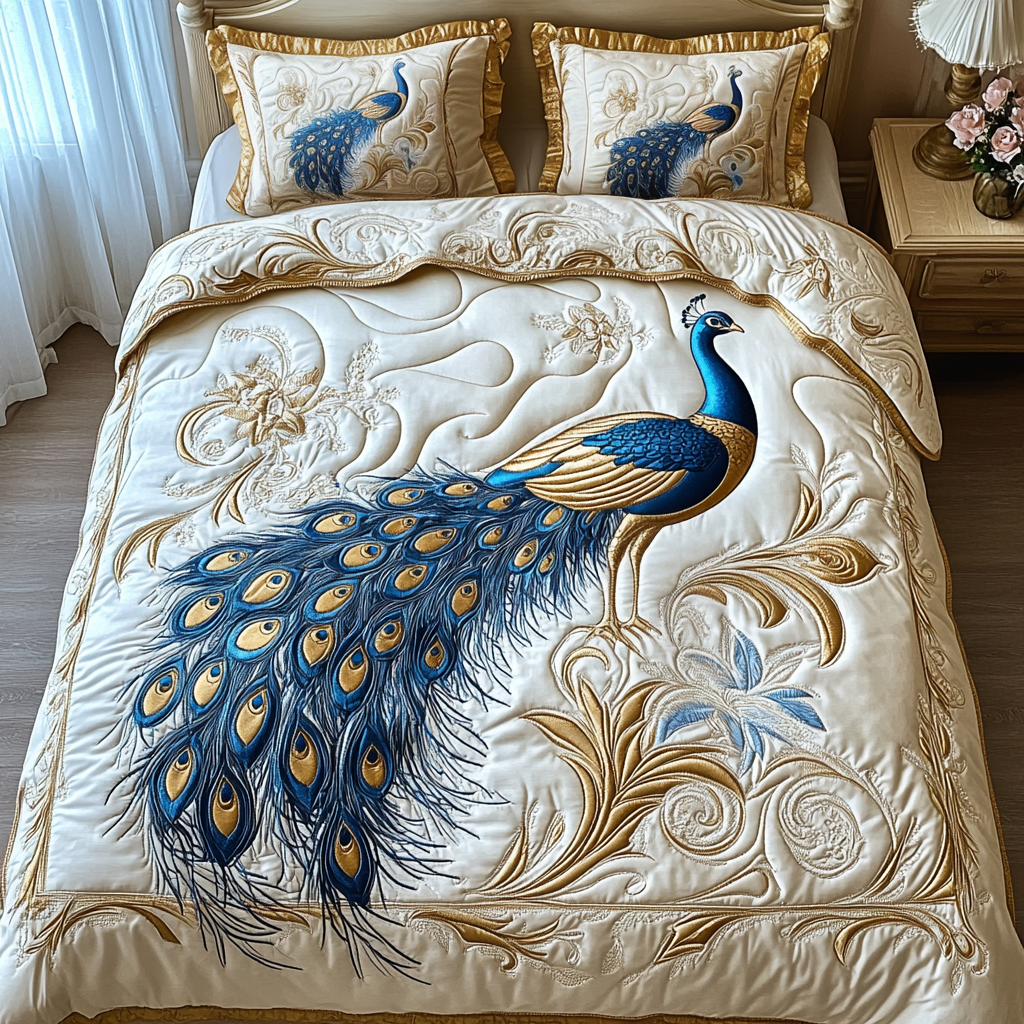 Opulent Plumage Quilted Bedding Set Unique Bed Sheet Set Gifts For Peacock Lovers