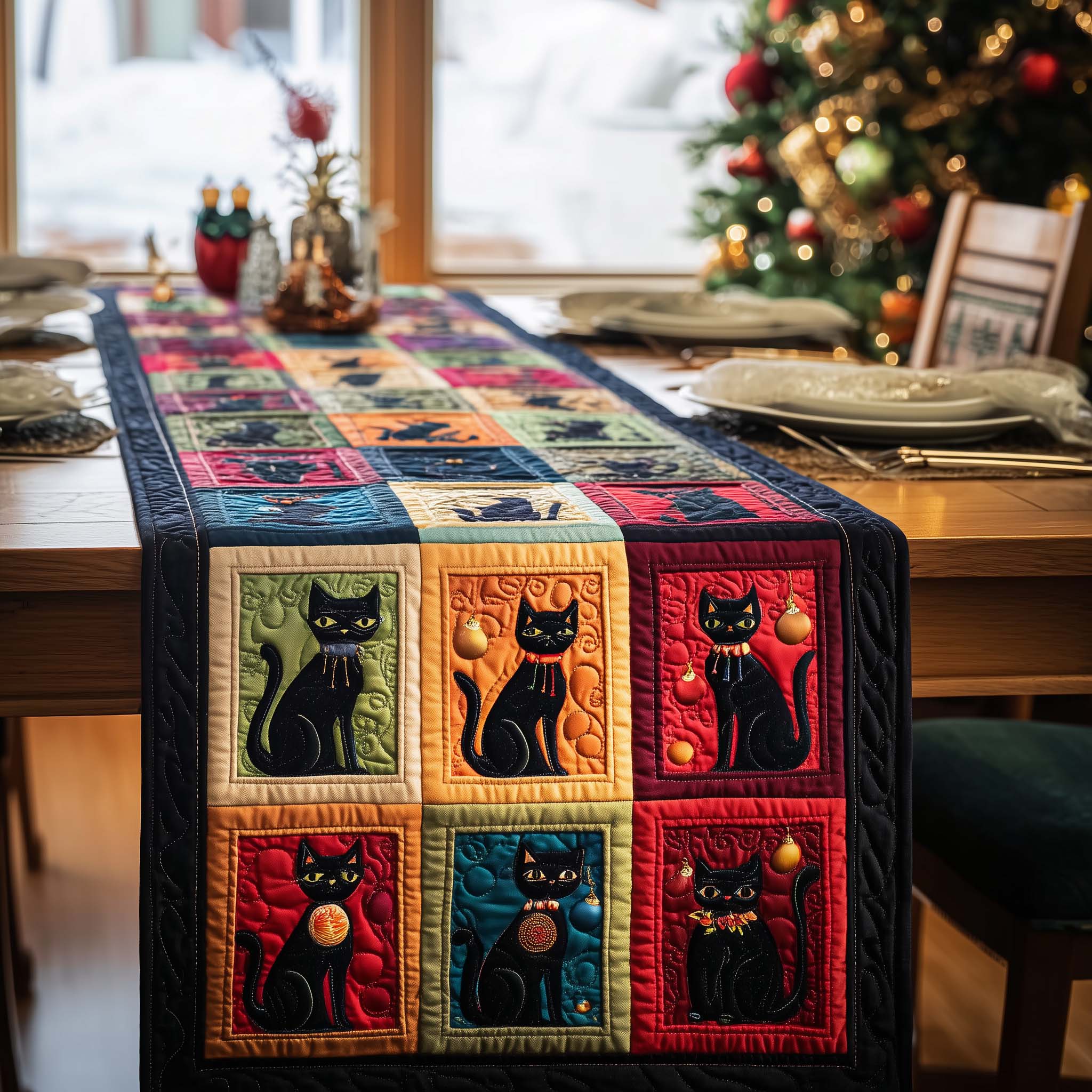 Ornament Cats Quilted Table Runner Xmas Dinner Table Decorations Cool Gifts For Cat Lovers