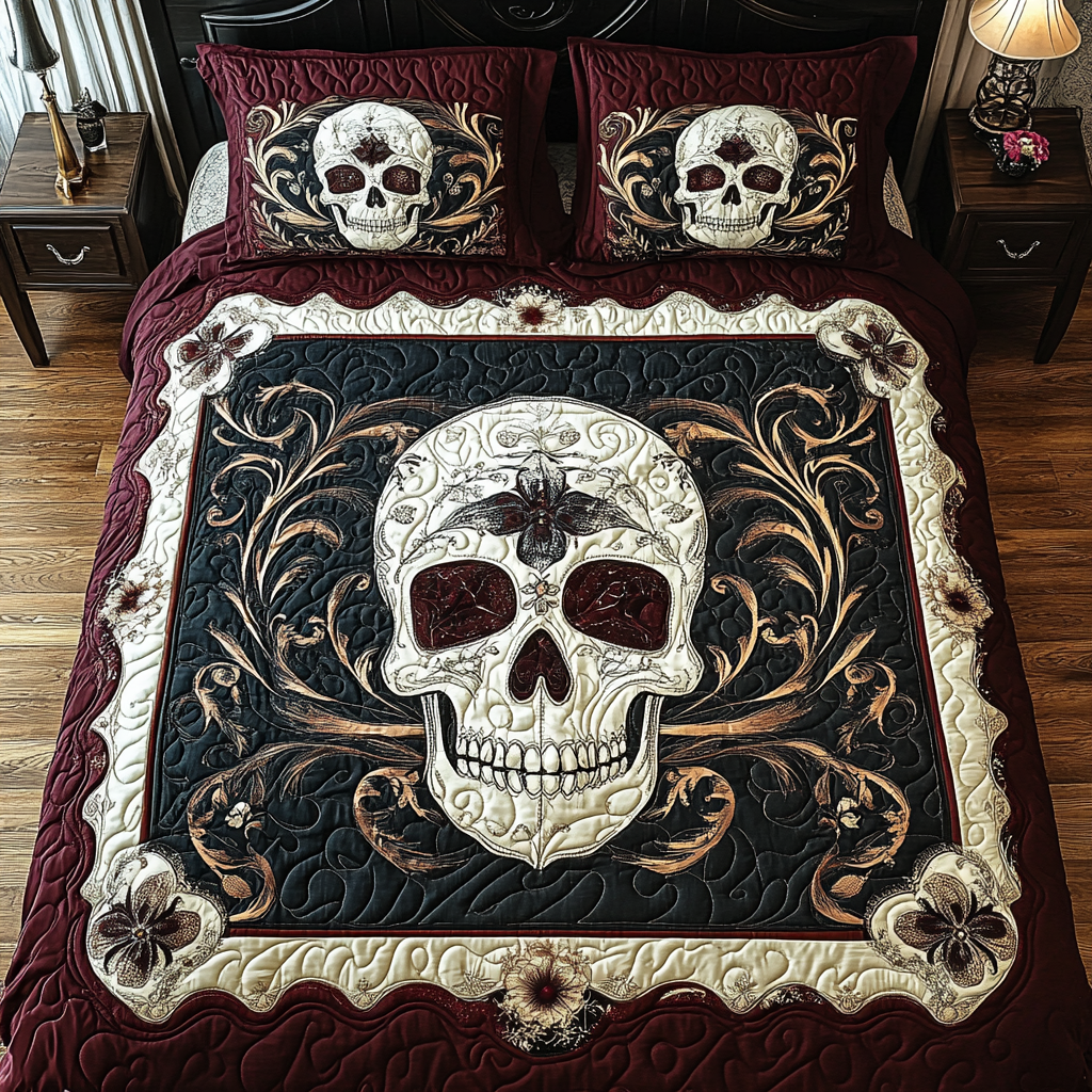Ornate Skull Sanctuary Quilted Bedding Set Unique Bed Sheets Unique Skull Gifts For Him