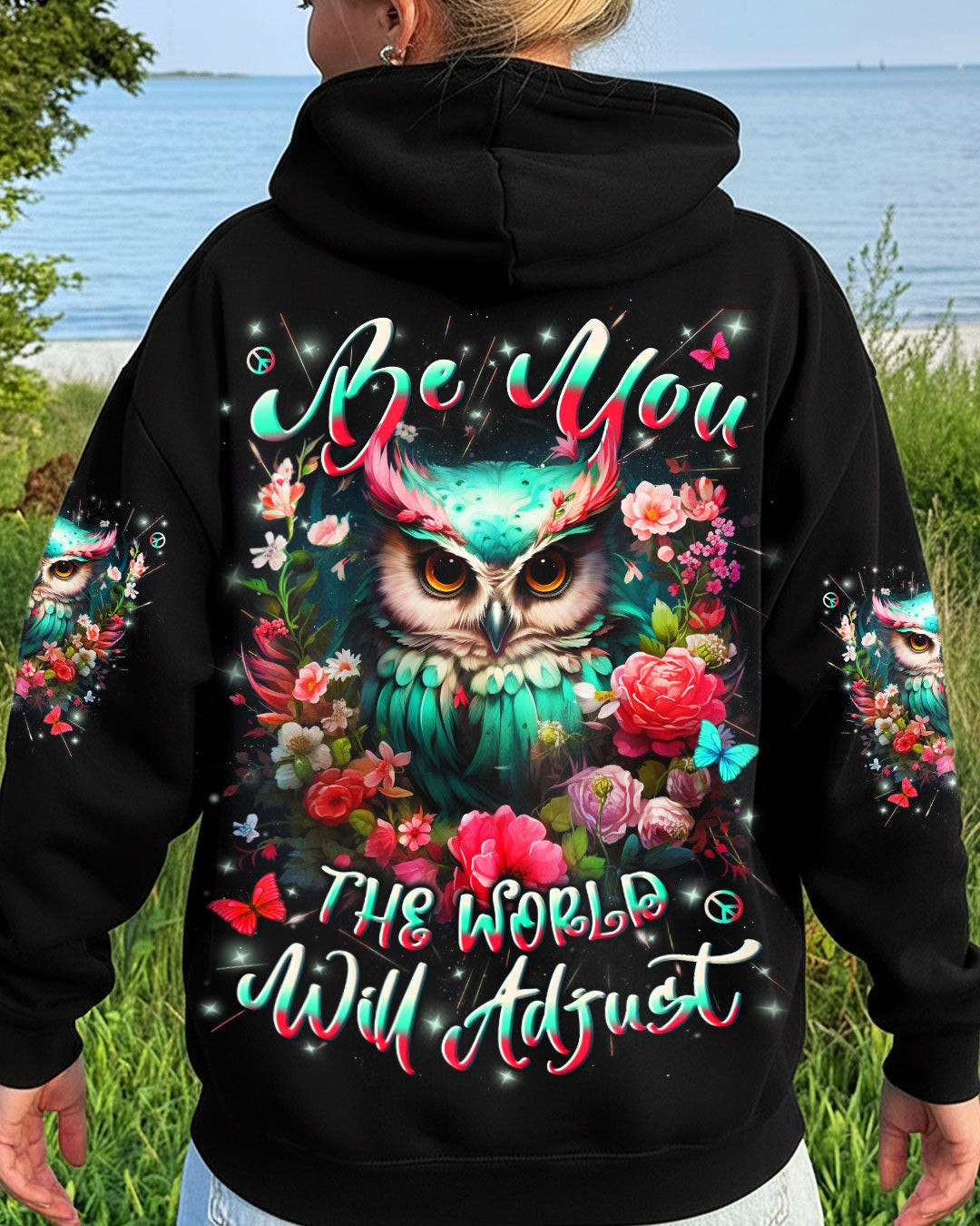 Owl Be You The World Will Adjust Hoodie Colorful Owl With Floral Butterfly Merch Gift For Her - Image 2