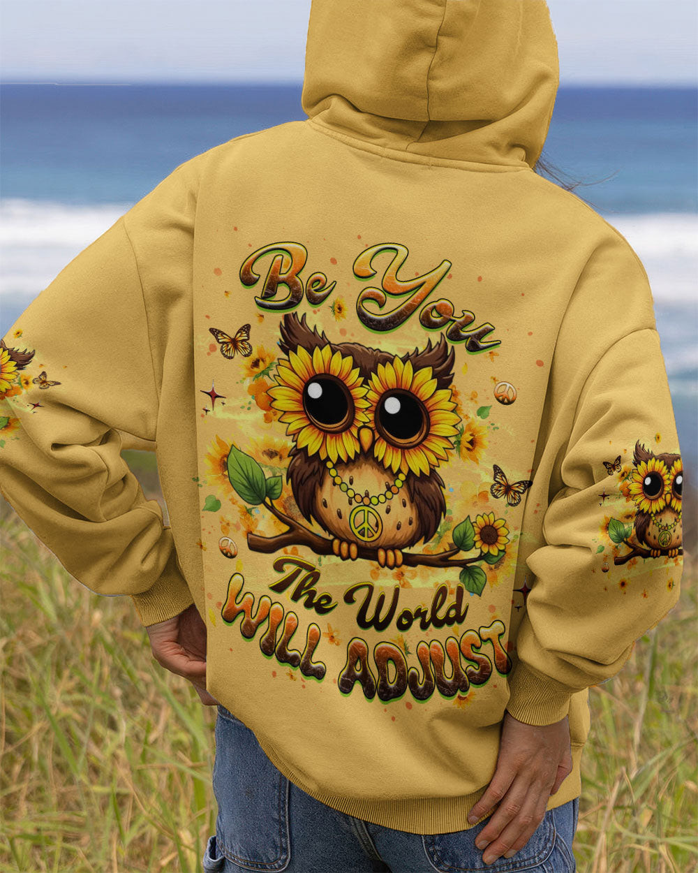 Owl Be You The World Will Adjust Hoodie Sunflower Owl With Peace Sign Merch Presents For Her