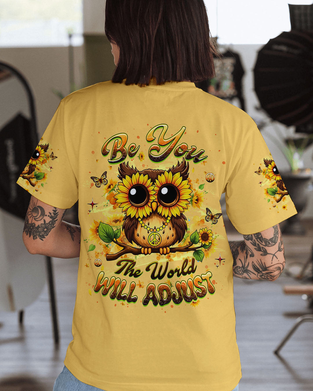 Owl Be You The World Will Adjust T-Shirt Sunflower Owl With Peace Sign Merch Presents Ideas - Image 2