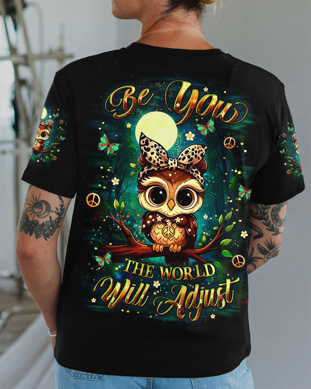 Owl Be You The World Will Adjust V-Neck Shirt Glow In The Dark Owl Merch Gift For Daughter - Image 2