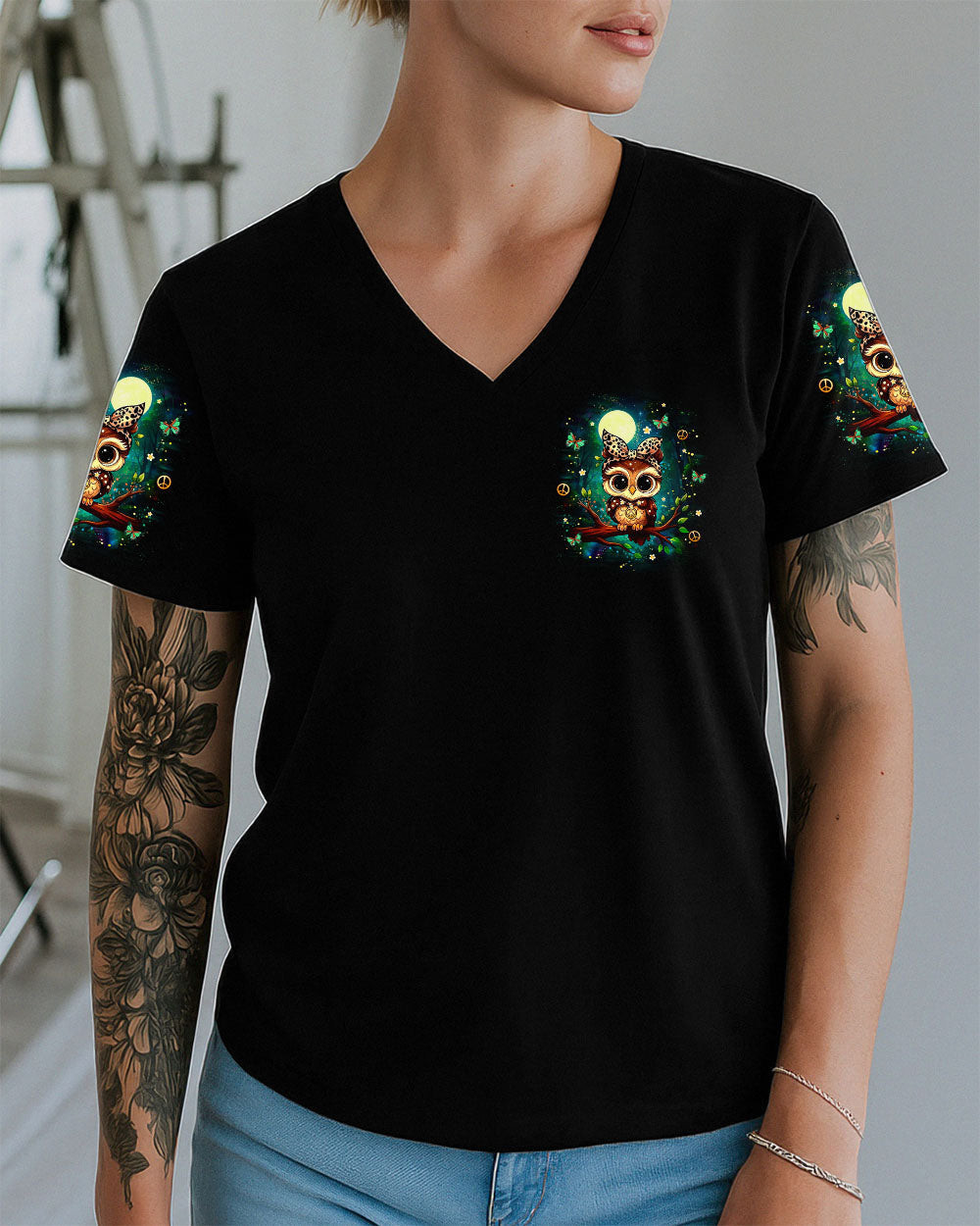 Owl Be You The World Will Adjust V-Neck Shirt Glow In The Dark Owl Merch Gift For Daughter