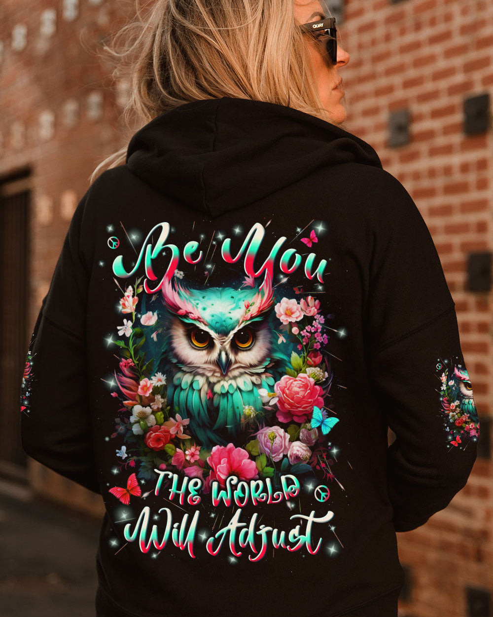 Owl Be You The World Will Adjust Zipper Hoodie Vibrant Owl With Floral Peace Symbol For Sister - Image 2