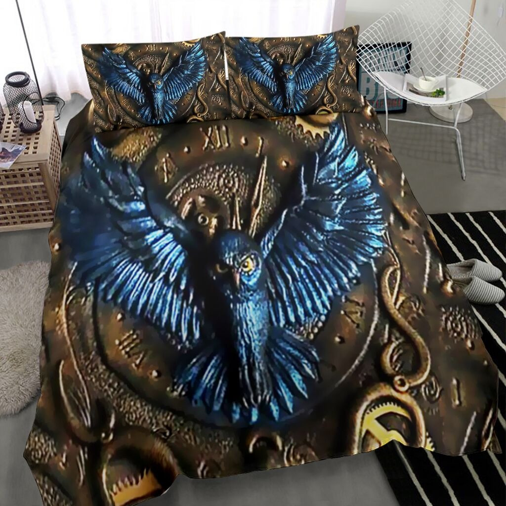 Owl Blue Bedding Set Duvet Cover Ornate Vintage Style Unique Gifts For Owl Lovers
