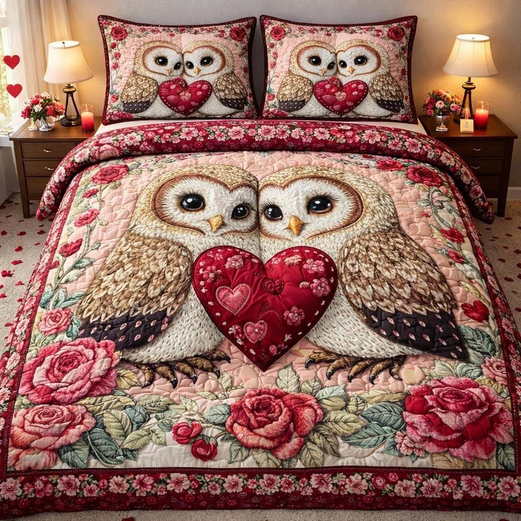 Owl Lovebirds Quilted Bedding Set Cute Couple Duvet Cover Set Valentine Gifts For Owl Lovers