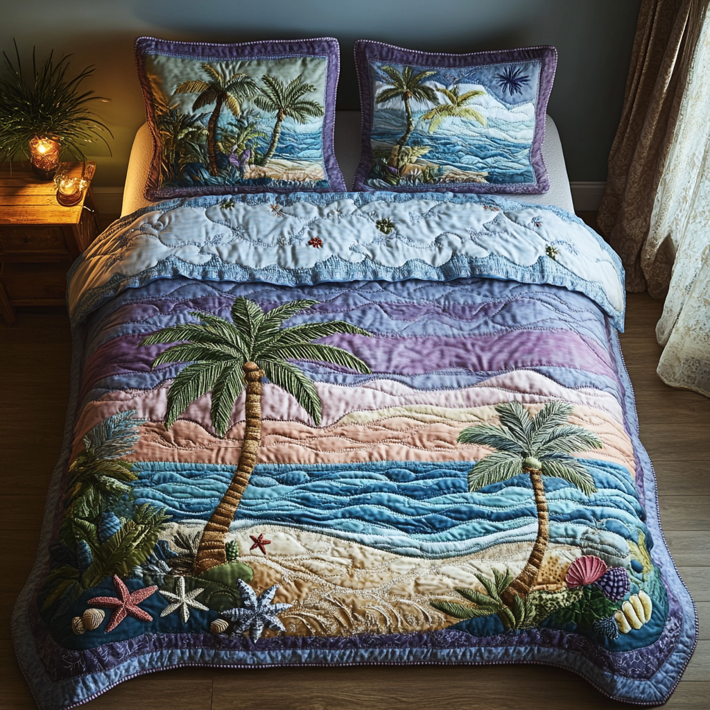 Palm Night Quilted Bedding Set Cute Bedroom Decor Great Gifts For Beach Lovers