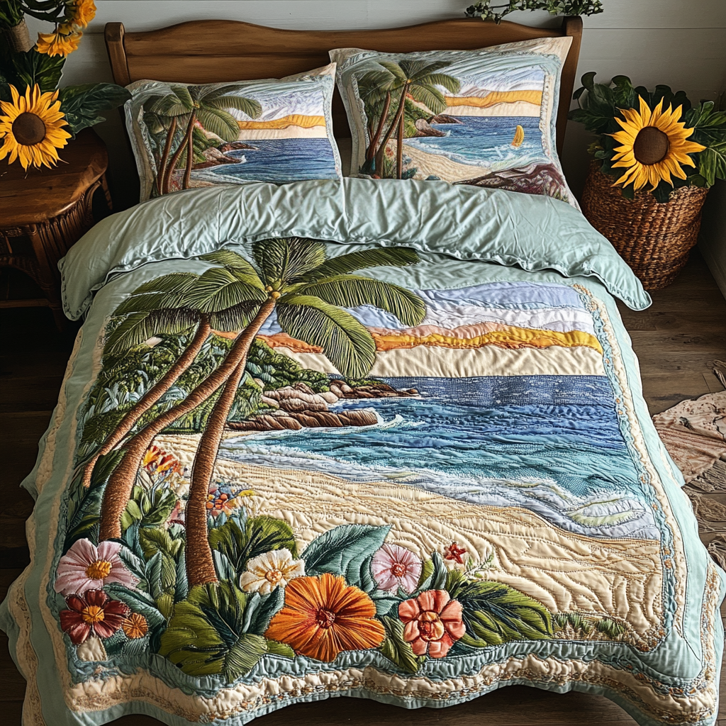 Palm Serenity Quilted Bedding Set Bed Decor Ideas Unique Beach Gifts