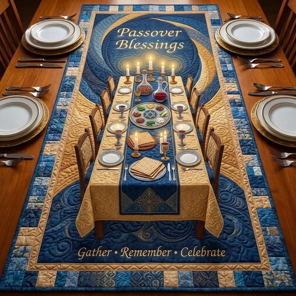 Passover Blessings Quilted Table Runner Gather Remember Celebrate Jewish Seder Decorations