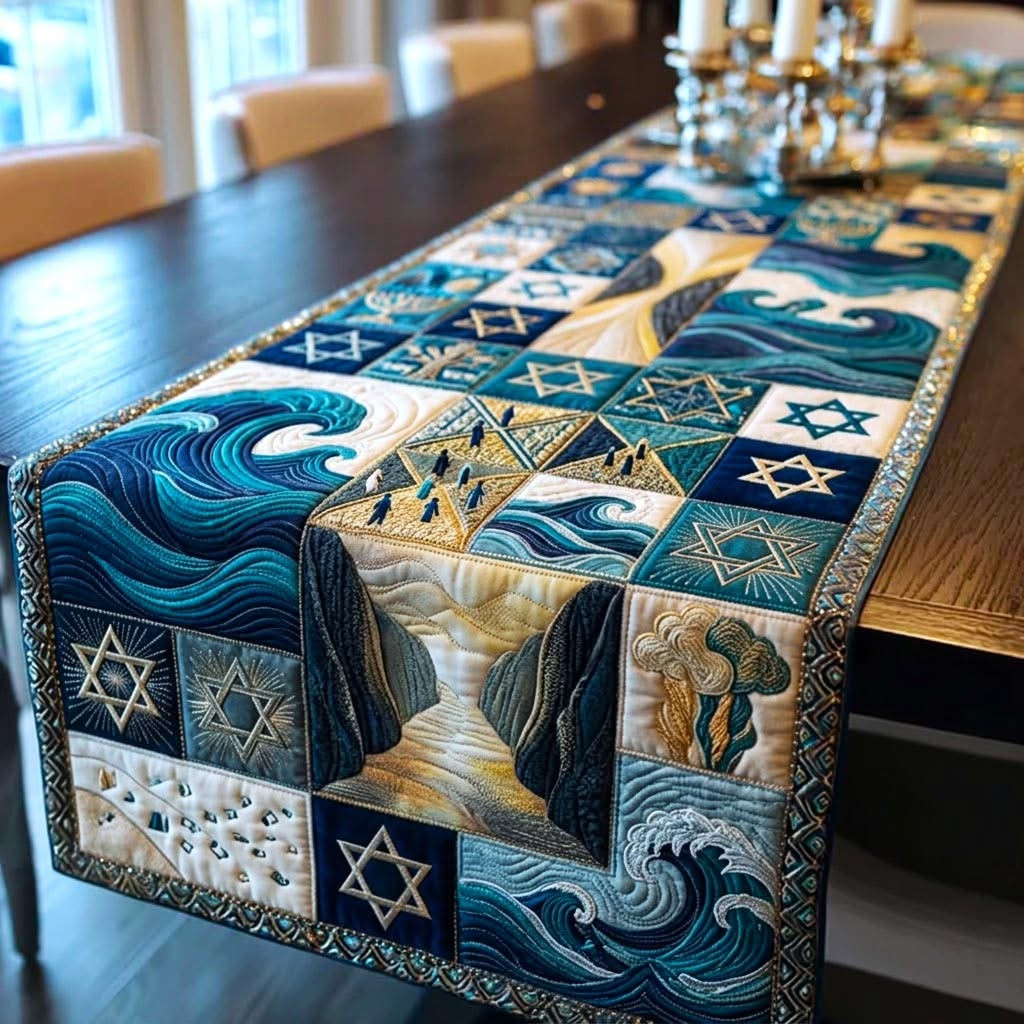 Passover Patchwork Quilted Table Runner Red Sea Crossing Seder Holiday Decor Gifts Ideas