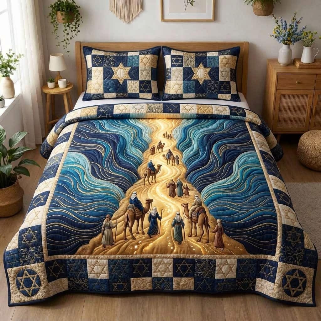 Passover Table Quilted Bedding Set Exodus Red Sea Crossing Bedroom Decor Pesach Gifts