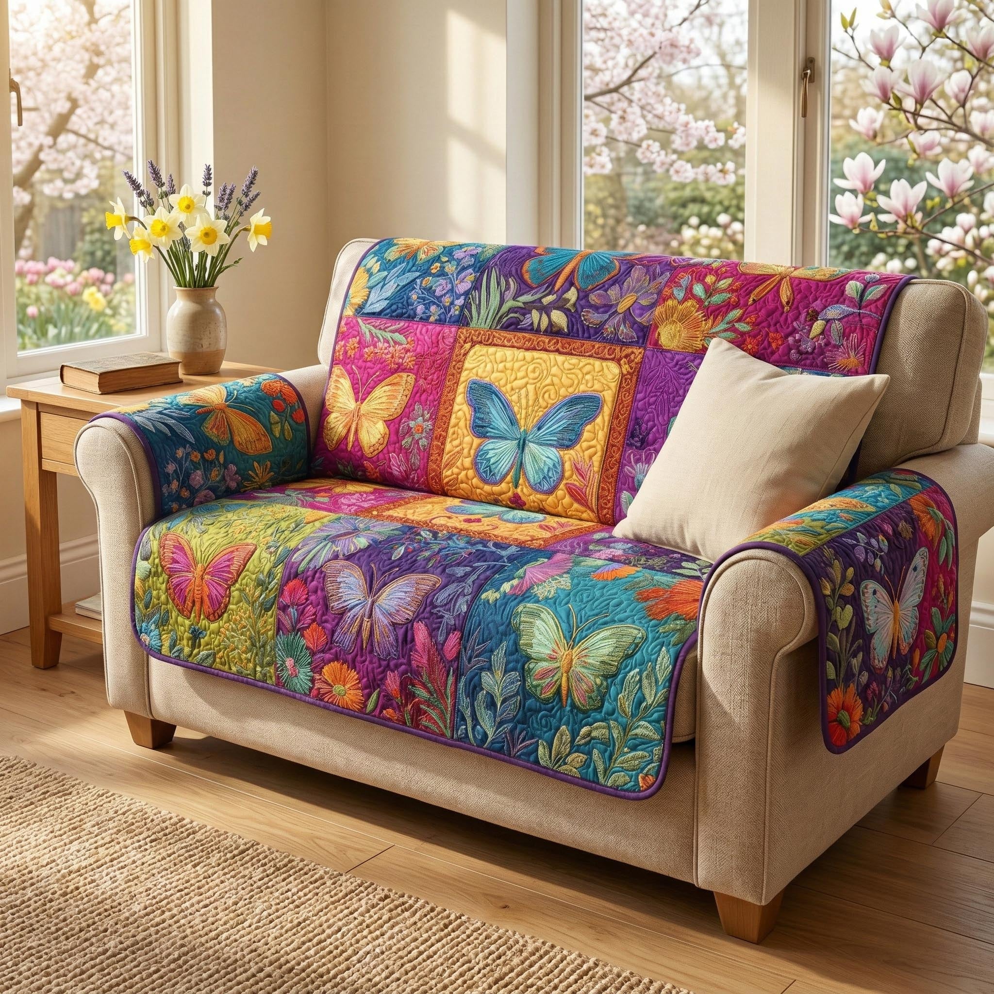 Pastel Butterflies Quilted Sofa Cover Couch Cushion Covers Gift For Butterfly Lover