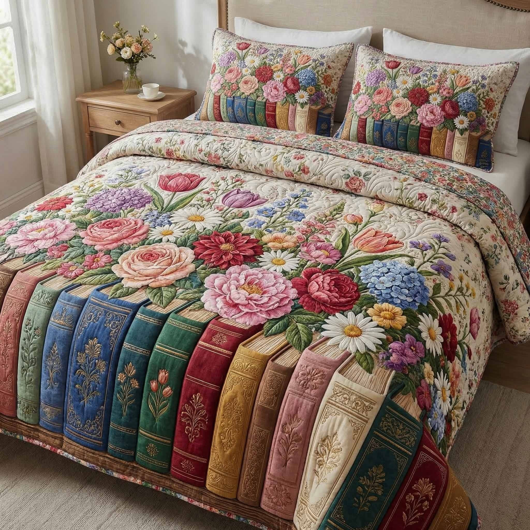 Pastel Stories Quilted Bedding Set Cute Floral Sheets Gifts Ideas For Book Lovers For Her