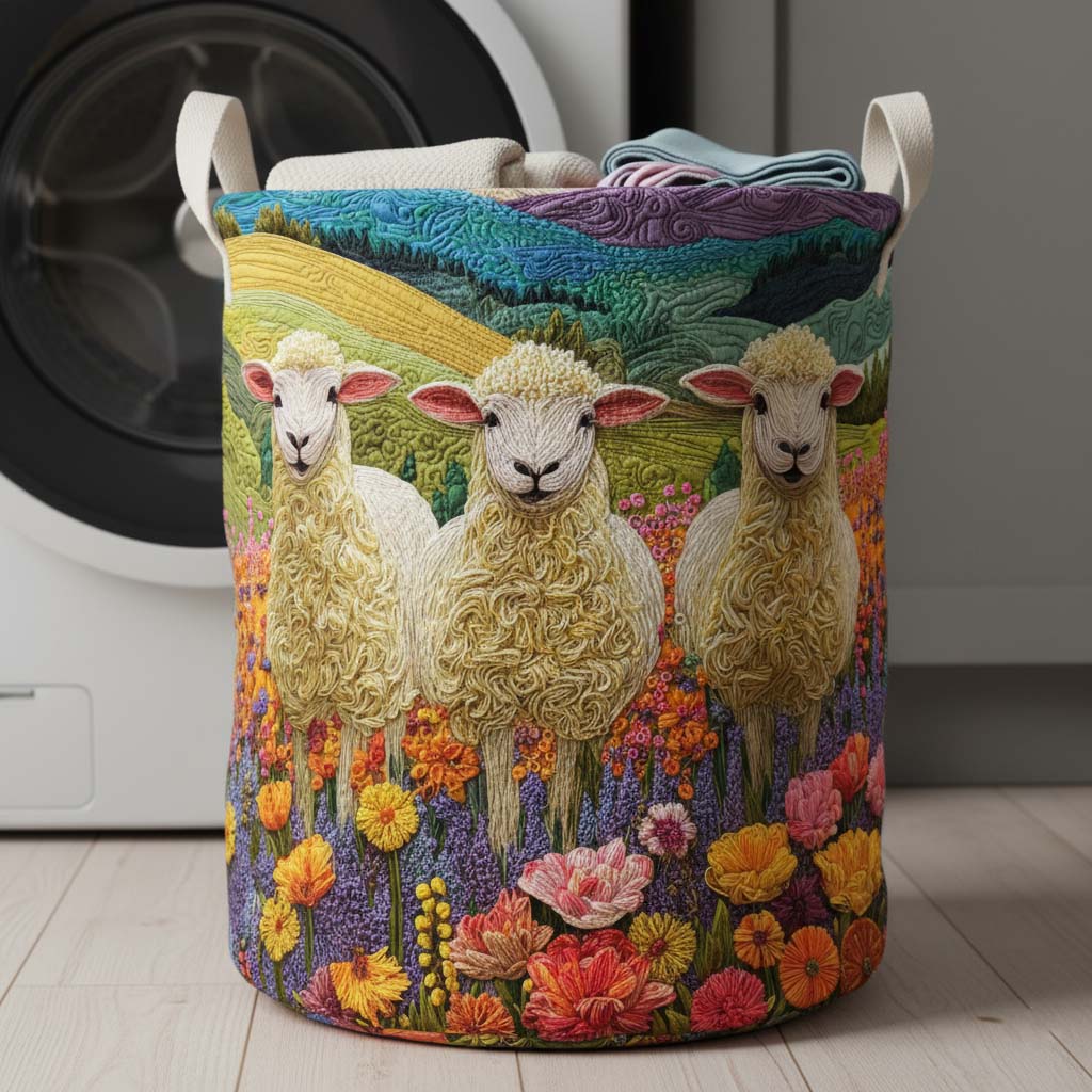 Pasture Sheep Quilted Laundry Basket Best Clothes Basket Gifts For Sheep Lovers